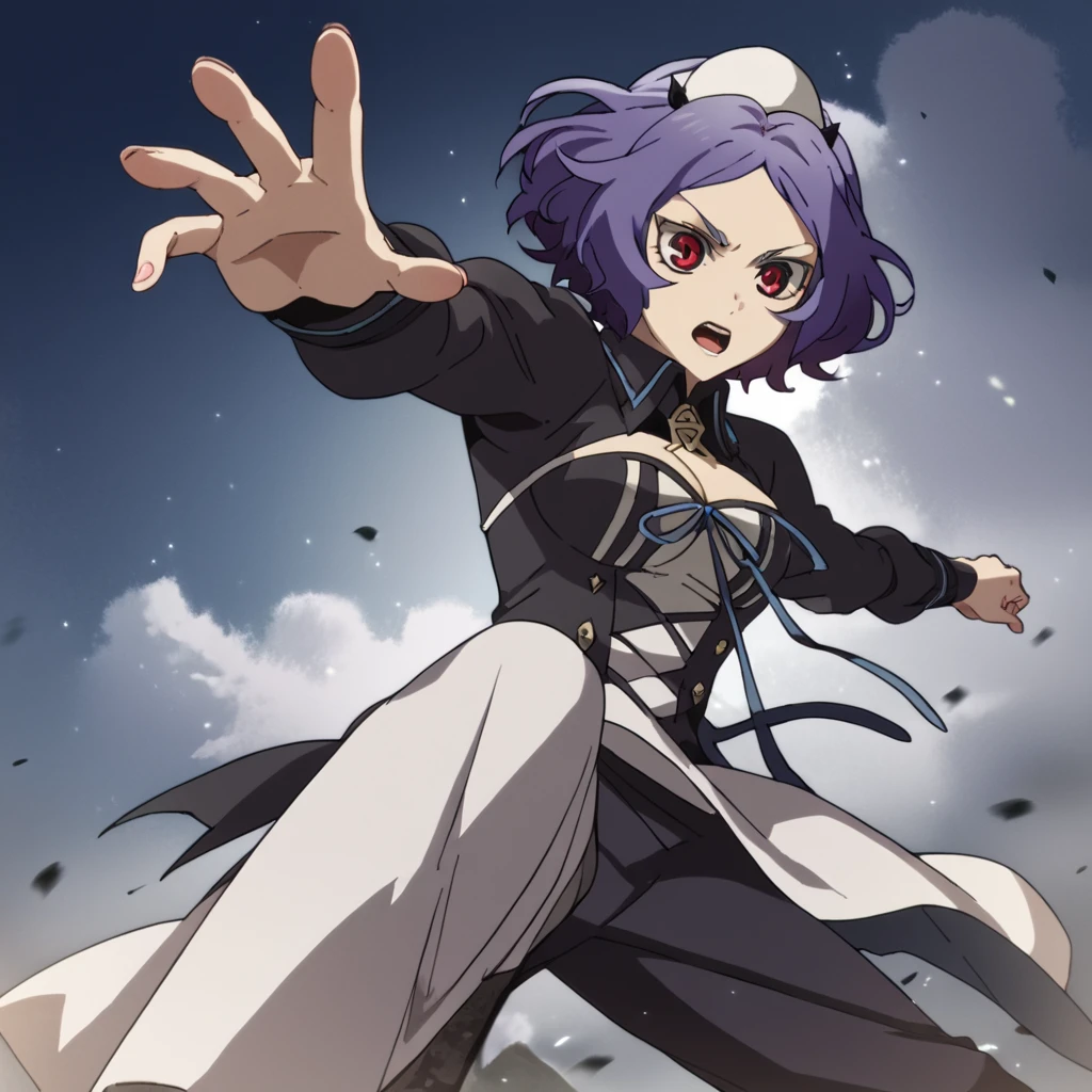 score_9, score_8_up, score_7_up, score_6_up, score_5_up, score_4_up, source_anime,  ChessBelle, short hair, red eyes, purple hair, , action pose