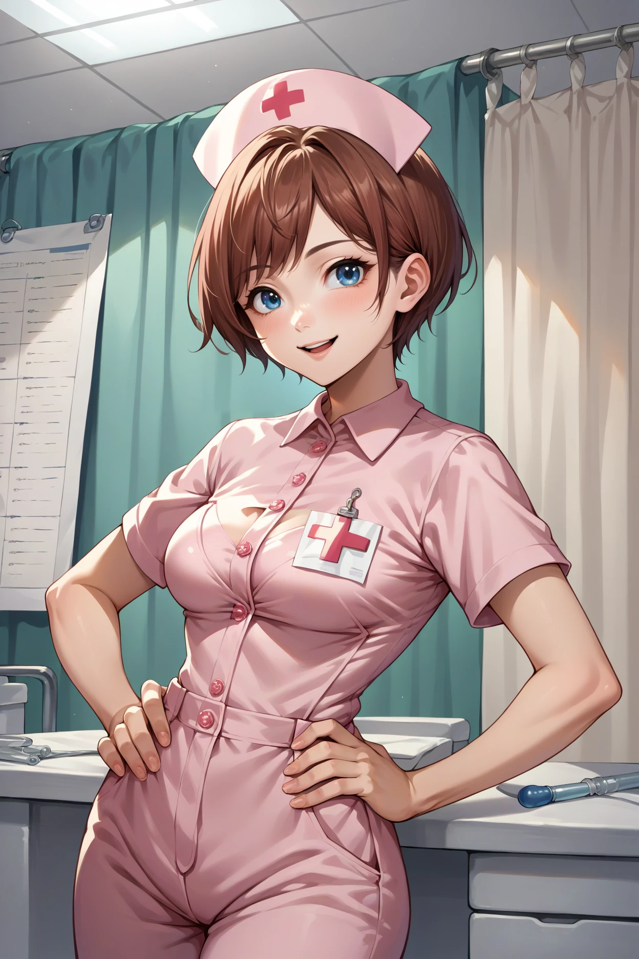 score_9, score_8_up, score_7_up, score_6_up, source_anime, 1girl, solo <lora:sblily-pdxl-nvwls-v1-000005:1> sblily, brown hair, short hair, blue eyes, nurse cap, nurse costume, pink uniform, pink pants, indoors, looking at you, hand on hip, hospital, smile, medium breasts