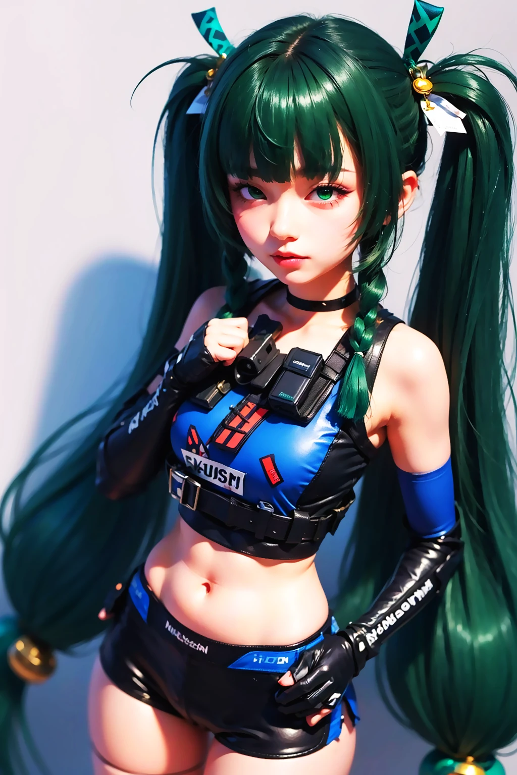 ((masterpiece)), ((ultra-detailed)), high_resolution, imtdqingyizzz, 1girl, very long hair, green eyes, green hair, twintails, fingerless gloves, shorts, bangs, twin braid, midriff, choker, elbow gloves, perfect hands, ahg, rolling eyes.
