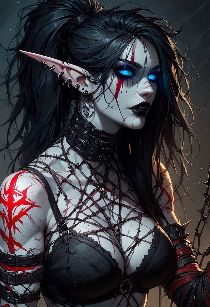 score_9, score_8_up, score_7_up, score_6_up, Expressiveh, undead, deathknight, 1girl, night elf, goth, tall girl, athletic, pointy ears, long ears, (blue eyes, glowing eyes), ((pale grey skin with red warpaint)), red bodytattoo, red facetattoo, black hair, messy hair, ponytail, barbed wire sleeve, black lipstick, scars, piercings, fishnet tshirt,bra,black tshirt,midriff, close up