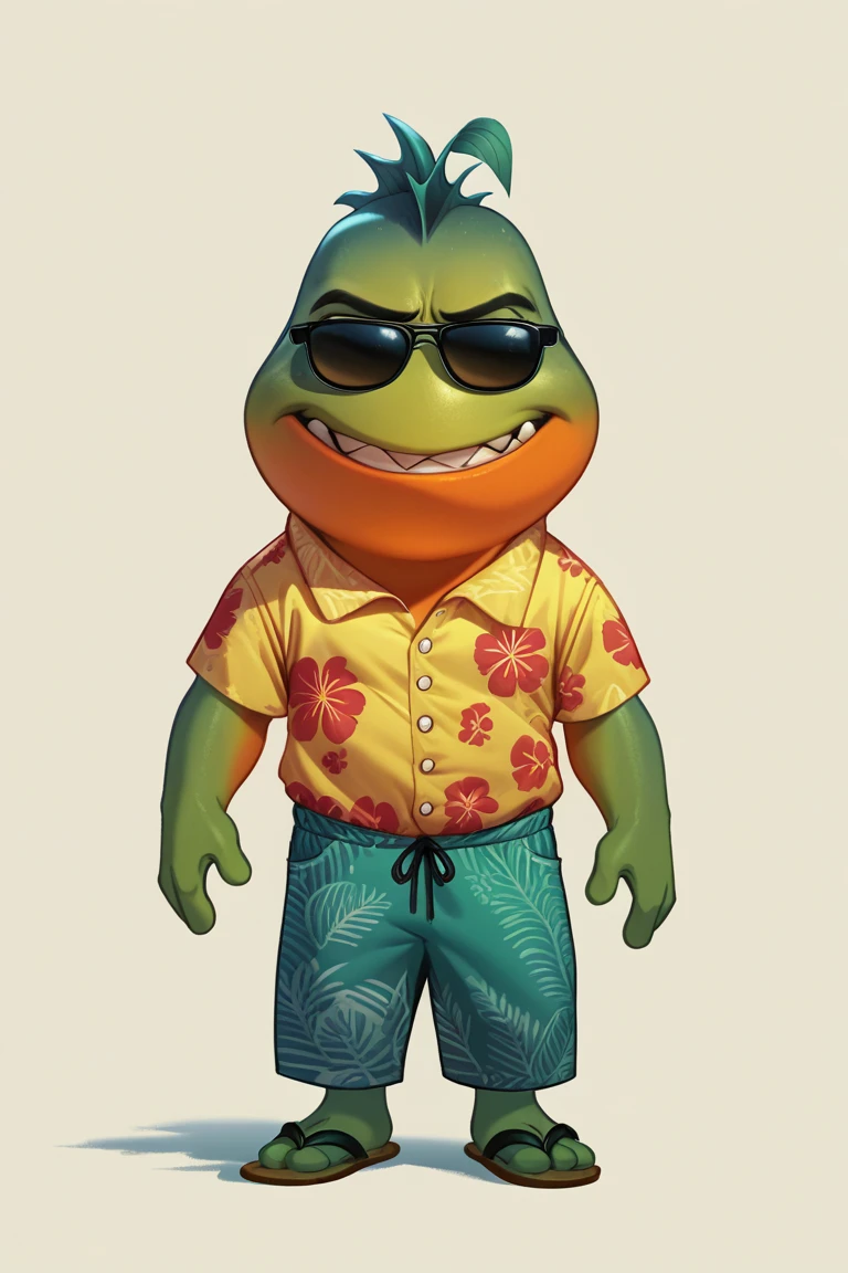 score_9, score_8_up, score_7_up, MrPiranha, anthro, biped, beach, relaxed, sunglasses, Hawaiian shirt, floral patterns, beach pants, sandals, solo, concept art, dreamworks, simple background, serene atmosphere