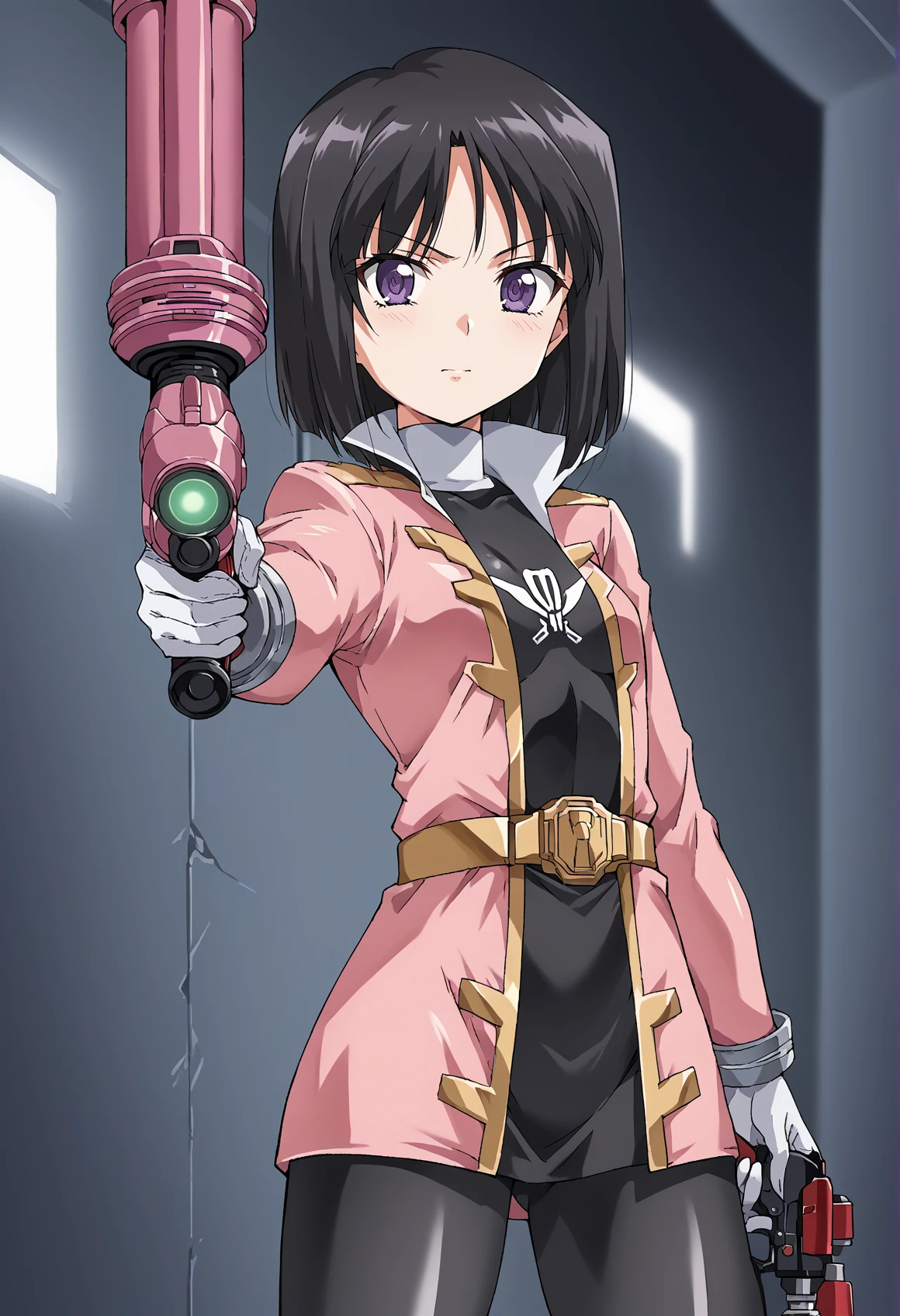 1girl, solo, black bodysuit, bodysuit under clothes, white collar, white gloves, pink jacket, pink skirt, belt, bracelet, short hair, black hair, purple eyes, small breasts, holding gun, laser gun, indoors, laboratory, tentacles <lora:Pirate_sentai:0.8><lora:Tsunashima_Shirou_Jinki_Style:1>, score_9, score_8_up, score_7_up, score_6_up, score_5_up, score_4_up, BREAK source_anime, masterpiece