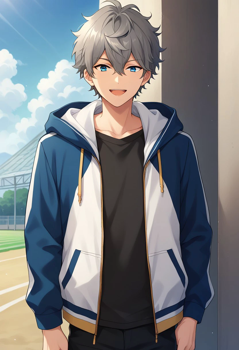 score_9, score_8_up, score_7_up, source_anime, highly detailed, 
izumisena, 1boy, male focus, solo, grey hair, jacket, blue eyes, smile, shirt, looking at viewer, hood, open mouth, pants, hair between eyes, open clothes, open jacket,
black shirt, hoodie, short hair, track jacket, track suit, upper body.
outdoor, sky