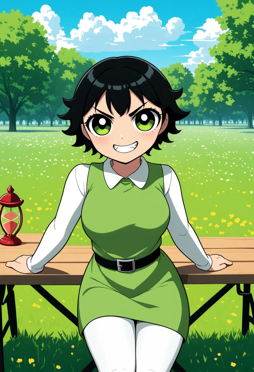 posing, 1girl, solo, big breasts,
1girl, buttercup (/PPG)/,(ultra HD quality details), black hair, short hair, (green eyes), messy hair, dress, short dress, light green dress, sleeveless, thick black belt, white pantyhose,
teeth,grin,smile
looking at viewer, five fingers, perfect eyes, athletic body, hourglass figure, cute face, angry look, glass field, sitting on a picnic table,