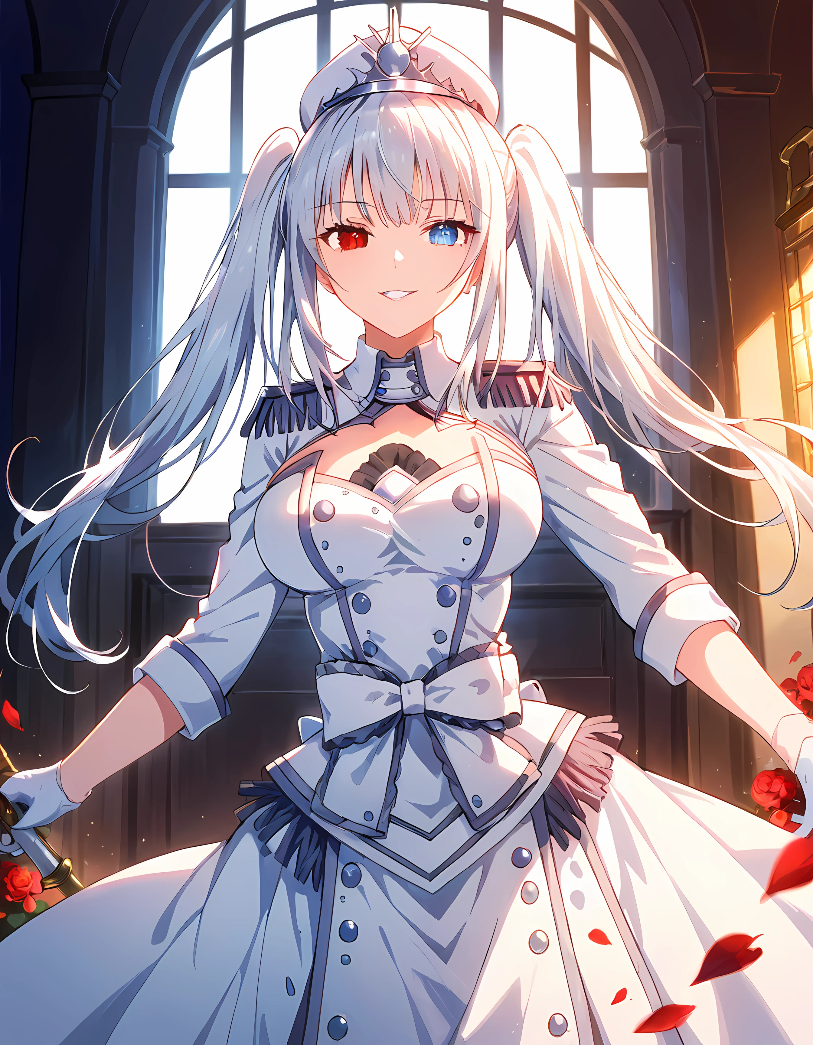 Source_anime,
whitequeen, <lora:White_Queen_Lora-05:1>,
1girl, solo, long hair, looking at viewer, smile, blue eyes, skirt, church, it's a sunset, wooden church, red eyes, gloves, long sleeves, hat, dress, holding, cleavage, twintails, medium breasts, very long hair, jacket, weapon, white hair, grey hair, sword, white gloves, holding weapon, white dress, uniform, military, dutch angle, military uniform, buttons, floating hair, heterochromia, white headwear, holding sword, white jacket, white skirt, epaulettes, military hat, blurry foreground, double-breasted,