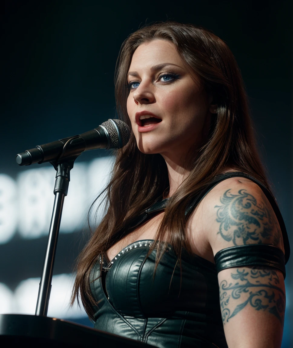 cinematic film still  <lora:quiron_FloorJansen_v050320_Lora:0.77> floorJansenQuiron, long hair, looking at viewer, lips, blue eyes, tattoo, 1girl, solo, (cinematic shot),   centre stage holding a microphone mouth wide open eyes shut singing into the microphone, . shallow depth of field, vignette, highly detailed, high budget Hollywood movie, bokeh, cinemascope, moody, epic, gorgeous, film grain, grainy