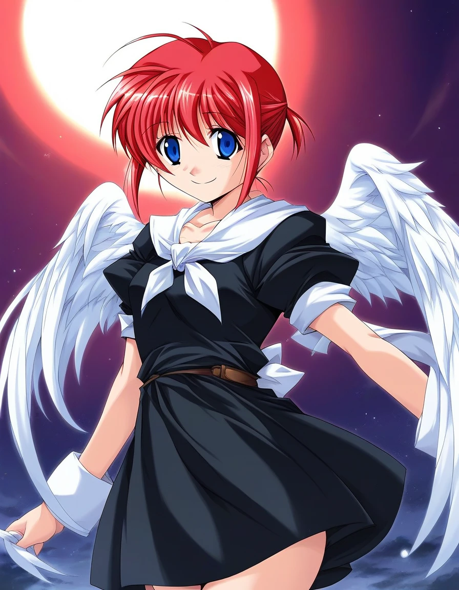 score_9, score_8_up, score_7_up, source_anime, rating_explicit, BREAK  <lora:Hiroba_Mahiru_Ver2.0_XL:1>HirobaMahiru,  solo,red hair, blue eyes, short hair, ahoge, otoko no ko, smile,
angel wings, 1girl, black dress, looking at viewer, cowboy Shot,
sky, night,