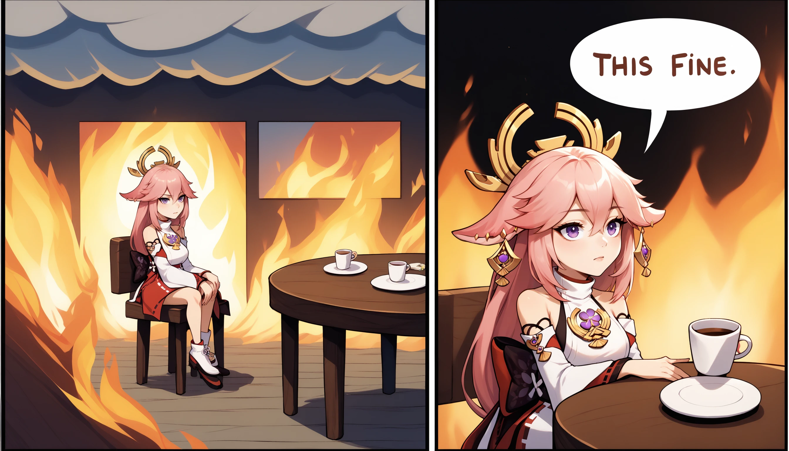 score_9, score_8_up, score_7_up, 2koma, comic, fire, sitting, speech bubble, burning, table, chair, cup, <lora:ThisIsFine_pdxl_Incrs_v1:1>, yae miko,