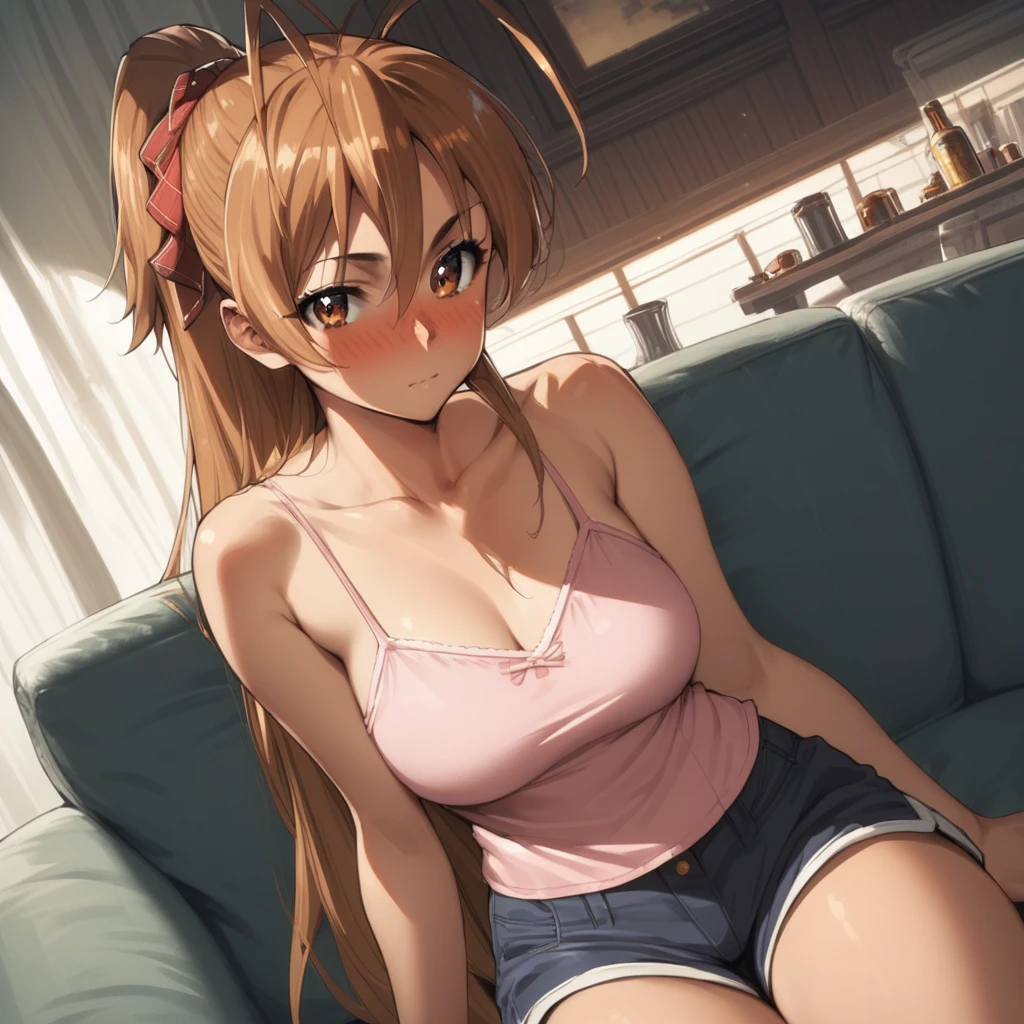 score_9, score_8_up, score_7_up, source_anime, reimiyamoto, rei miyamoto, long hair, brown hair, brown eyes, antenna hair, ponytail, camisole, pink camisole, collarbone, bare shoulders, shorts, indoors, sofa, sitting, drunk, blush, looking at viewer, cowboy shot, dutch angle,