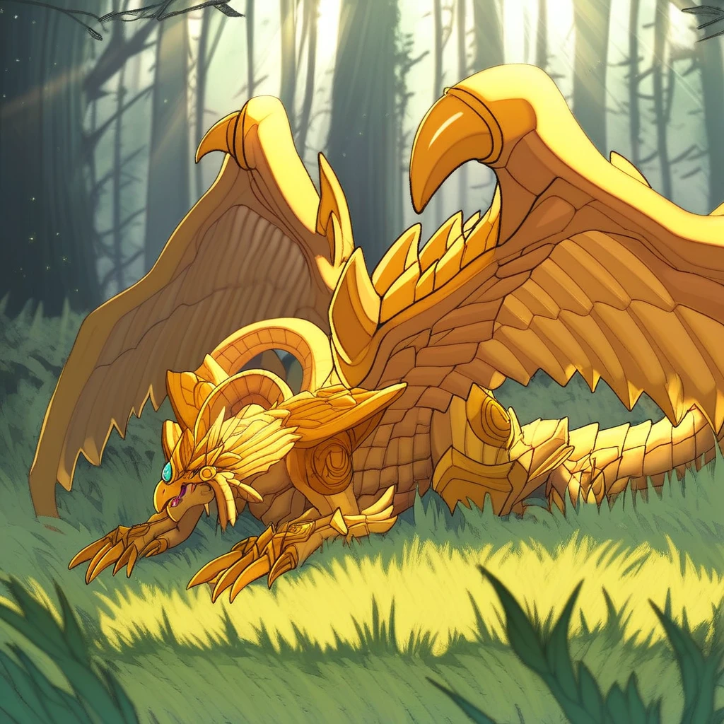 score_9, solo, dragon_ra, wings, claws, tail, duel monster, lying, forest, grass, sunlight, natural lighting