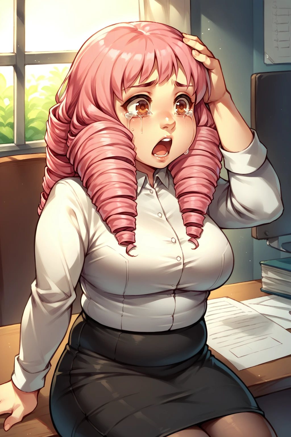 score_9, score_8_up, 1girl, solo,  <lora:NSMishaKatawa:1> NSMishaMisc, brown eyes, pink hair, long hair, drill hair, twin drills, office, indoors, pencil skirt, on table sitting, chubby, white collared shirt, black skirt, panic, open mouth, hands on head, pantyhose, crying