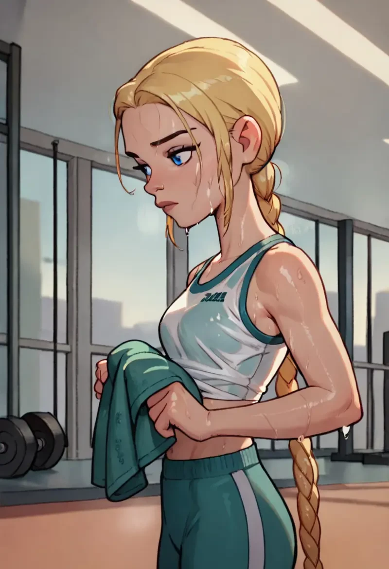 score_9, score_8_up, score_7_up,RoseAD, blonde hair, blue eyes,ponytail,braid,solo,gym clothes,gym,[[sweaty]],side view,wiping forehead,cowboy shot