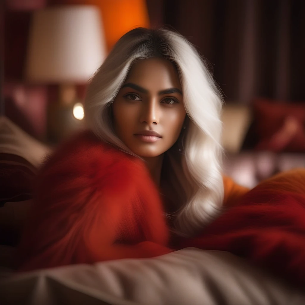 brown eyes, parted lips, blurry, indian style, lamp, looking to the side, nose, indoors, blurry background, pillow, lips, white hair, realistic