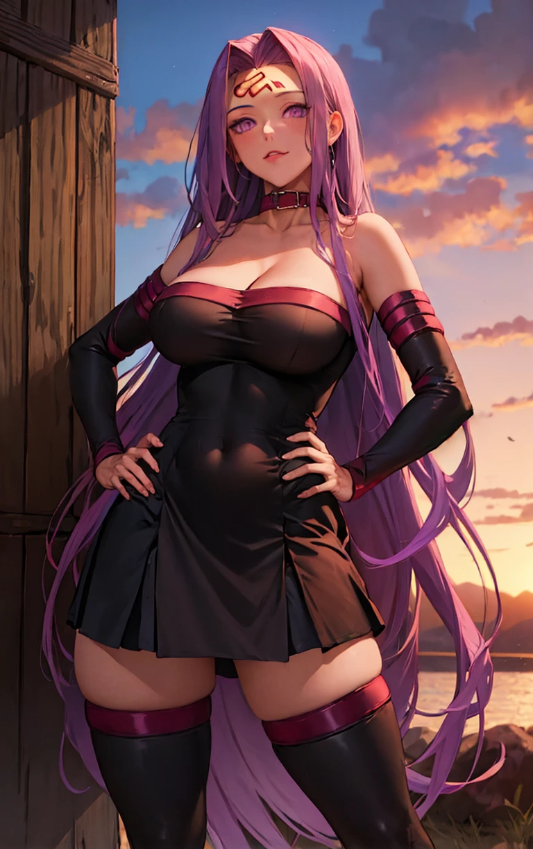 (masterpiece, best quality:1.4), insaneres, absurdres, solo, looking at viewer,BREAK 
MainNoMask_Medusa_ownwaifu, 
1girl, absurdly long hair, purple hair, sidelocks, very long hair, facial mark, forehead mark, purple eyes, collar, large breasts, collarbone, bangs, parted bangs, forehead, jewelry, shiny,
detached sleeves, strapless dress, bare shoulders, black dress, cleavage, short dress, black thighhighs, chain, black sleeves, covered navel, zettai ryouiki, thighs,
(contrapposto, hand on hip), sunset, sidelighting, outdoors, <lora:ANIME_FateStayNight_MedusaRider_ownwaifu:1> , depth of field