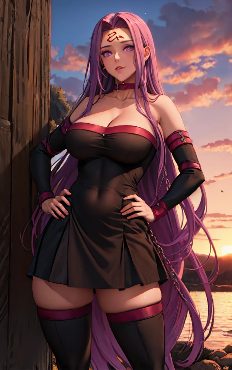 (masterpiece, best quality:1.4), insaneres, absurdres, solo, looking at viewer,BREAK 
MainNoMask_Medusa_ownwaifu, 
1girl, absurdly long hair, purple hair, sidelocks, very long hair, facial mark, forehead mark, purple eyes, collar, large breasts, collarbone, bangs, parted bangs, forehead, jewelry, shiny,
detached sleeves, strapless dress, bare shoulders, black dress, cleavage, short dress, black thighhighs, chain, black sleeves, covered navel, zettai ryouiki, thighs,
(contrapposto, hand on hip), sunset, sidelighting, outdoors, <lora:ANIME_FateStayNight_MedusaRider_ownwaifu:1> , depth of field