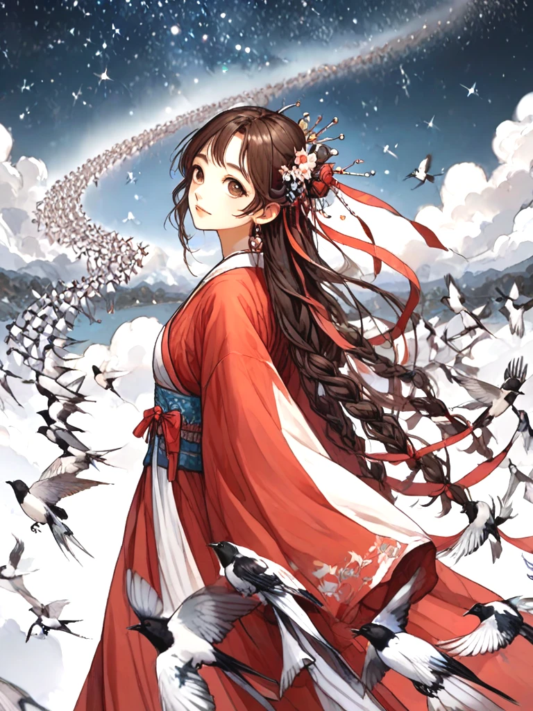 source_anime, magpie bridge, birds flock, tanabata, hanfu, weaver girl, walking, big tits, long hair, braids, hair flower, hair ornament, necklace, earrings, floating hair, fog, wind, cloud, high sky, starry sky, colorful sky, looking at viewer, <lora:girllikemagpiebridge_pony:1>