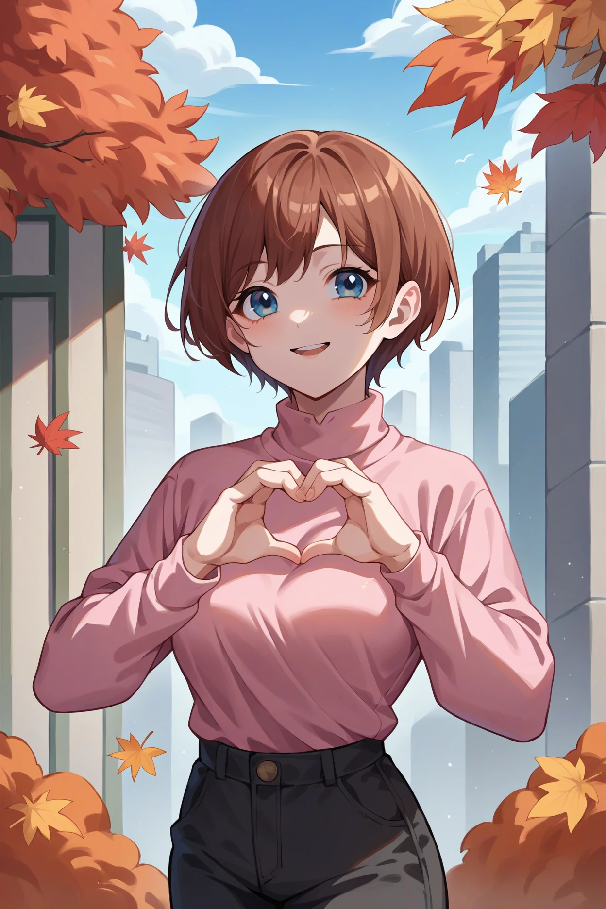 score_9, score_8_up, score_7_up, score_6_up, source_anime, 1girl, solo <lora:sblily-pdxl-nvwls-v1-000005:1> sblily, brown hair, short hair, blue eyes, black t-shirt, pink sweater, black pants, autumn, turtleneck, city, smile, looking at you, medium breasts, heart hands