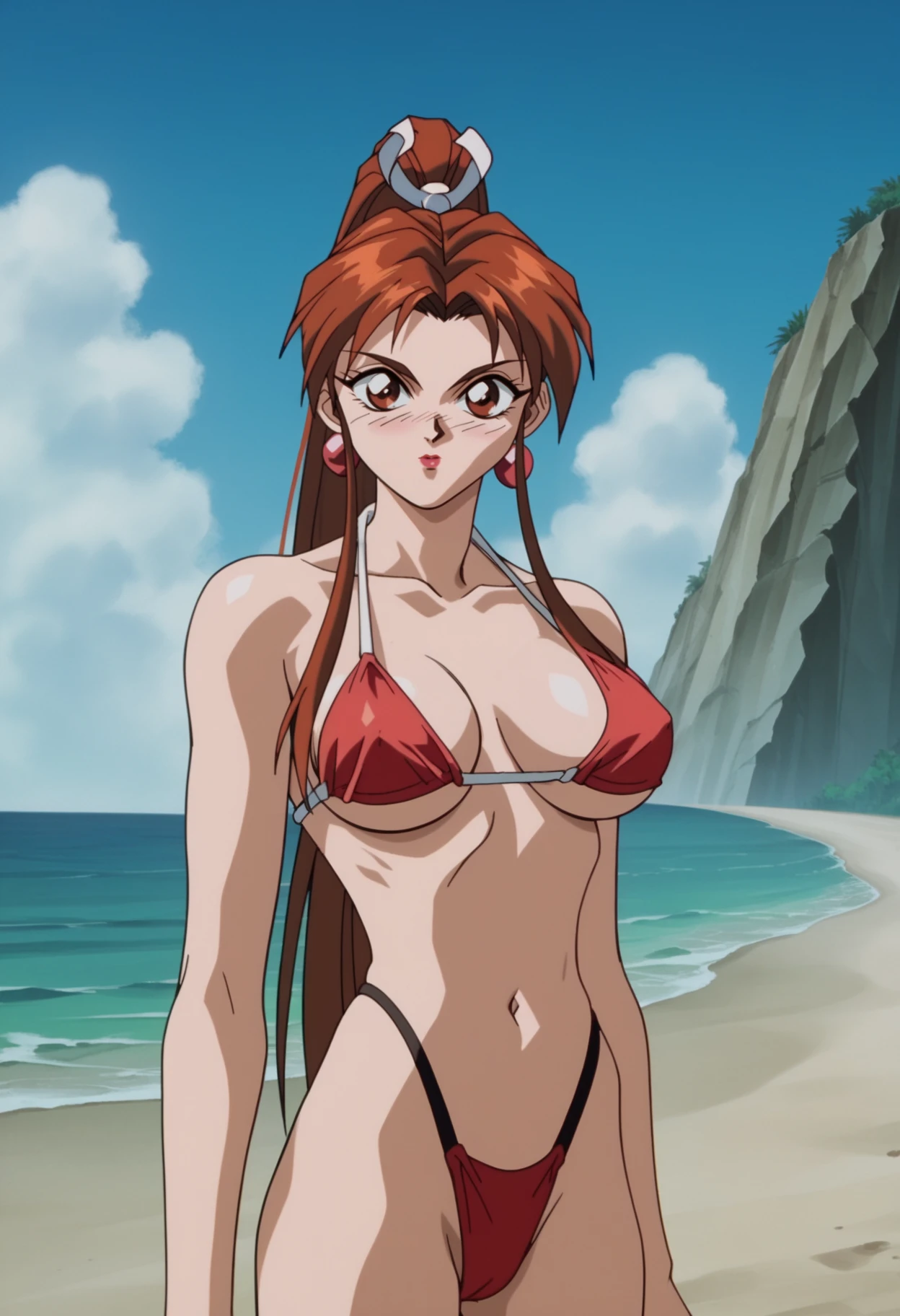 score_9, score_8_up, score_7_up, score_6_up, score_5_up, score_4_up, BREAK,
1990s \(style\), anime screencap, retro artstyle,
maishiranui, 1girl, brown hair, long hair, ponytail, lipstick, makeup, earrings,
bikini, large breasts, underboob,
standing, solo, looking at viewer, blush, sea, sand, blue sky, tropical island background <lora:MaiShrianuiXL:1>