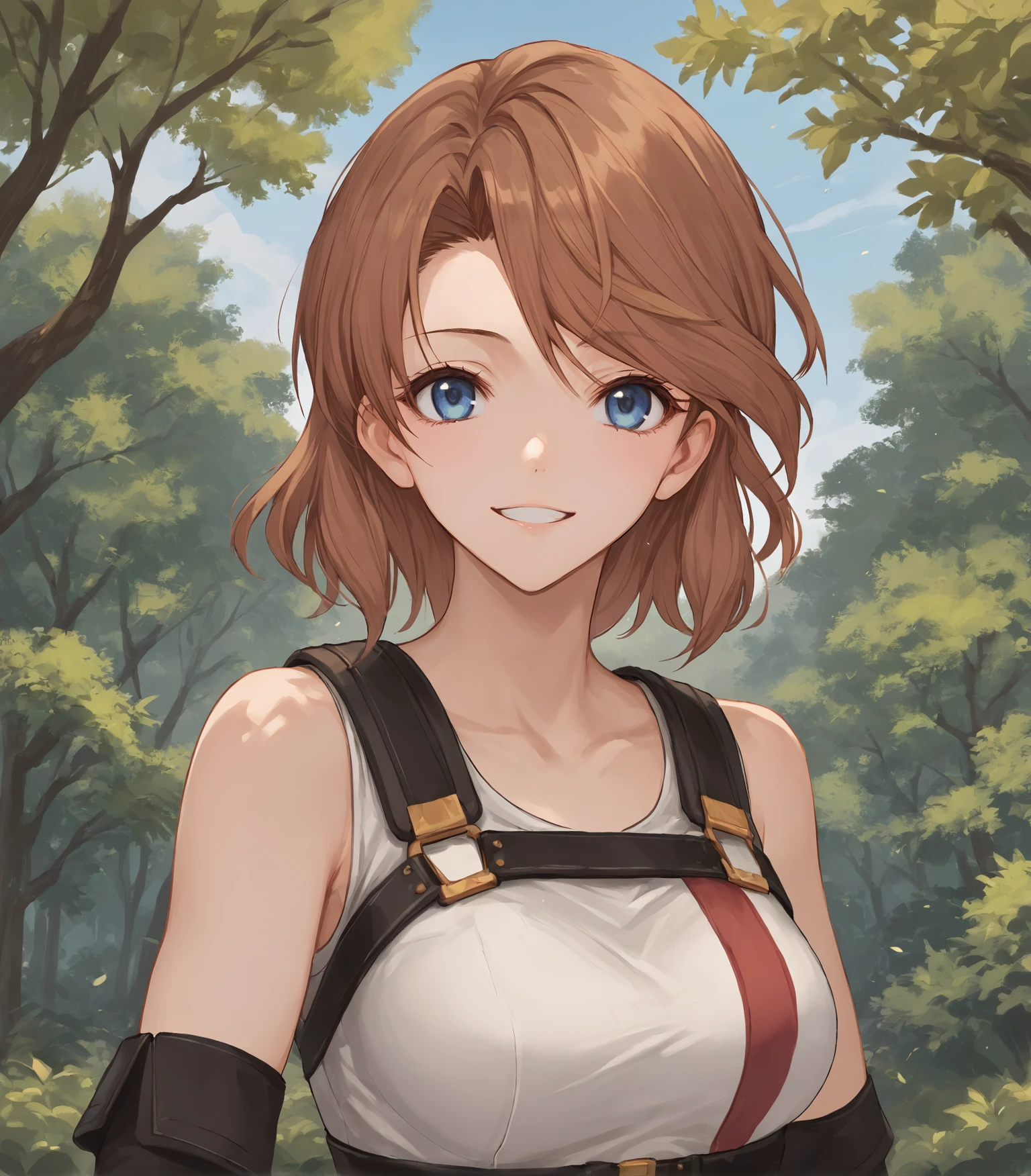 score_9, score_8_up, score_7_up, score_6_up, score_5_up, score_4_up, BREAK source_anime,
1girl, solo, upper body, portrait , looking at viewer, smile, outdoors, sky, trees,
<lora:LDART_style_pony_v3:0.8>,
<lora:Regina:0.9>, Regina, brown hair, blue eyes, medium breasts, bare shoulders, white vest, vest, gloves, pants, boots, black footwear, belt, harness,