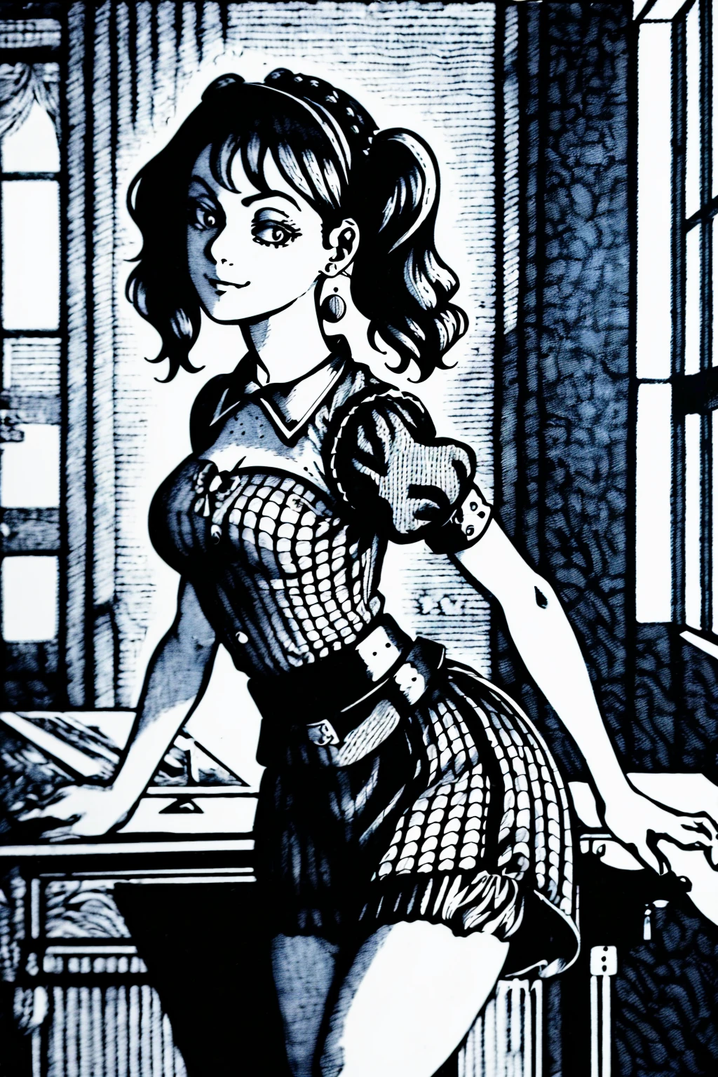 (((woodcut, monochrome))), masterpiece, ultra-detailed, best quality, illustration, 8k cg wallpaper, an extremely delicate and beautiful, 1girl, solo, perfect anatomy, cute face, smiling, blushing, shining eyes, deep blue eyes, beautiful detailed eyes, dark brown hair, shoulder-length hair, twintails, cute hair accessories, cute earrings, cute choker, slim body, medium breasts, business outfit, perfect arms, cute arm accessories, black belt with gold buckle, light blue plaid skirt, cute thigh-high stockings, perfect legs, cute, pretty, beautiful, sexy, perfect body, (background: office, desk, chair, bulletin board, windows, intricately detailed items in background), <lora:WEE:1>