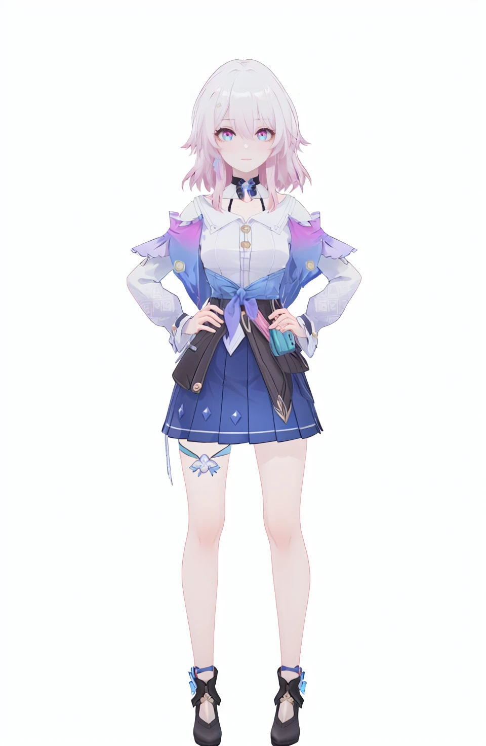 8k, best quality, masterpiece, (ultra-detailed), (high detailed skin), (white background:1.3),
(full body:1.25), (white background), standing, looking at viewer, (solo:1.2), hands on hips,
<lora:March7-v100-000018:0.8>, sanyueqi, 1st clothes, 1girl, blue skirt, pink hair, white shirt, bangs, long sleeves, blue eyes,
(beautiful_face), ((intricate_detail)), clear face,
((finely_detailed)), fine_fabric_emphasis,
((glossy)), full_shot,