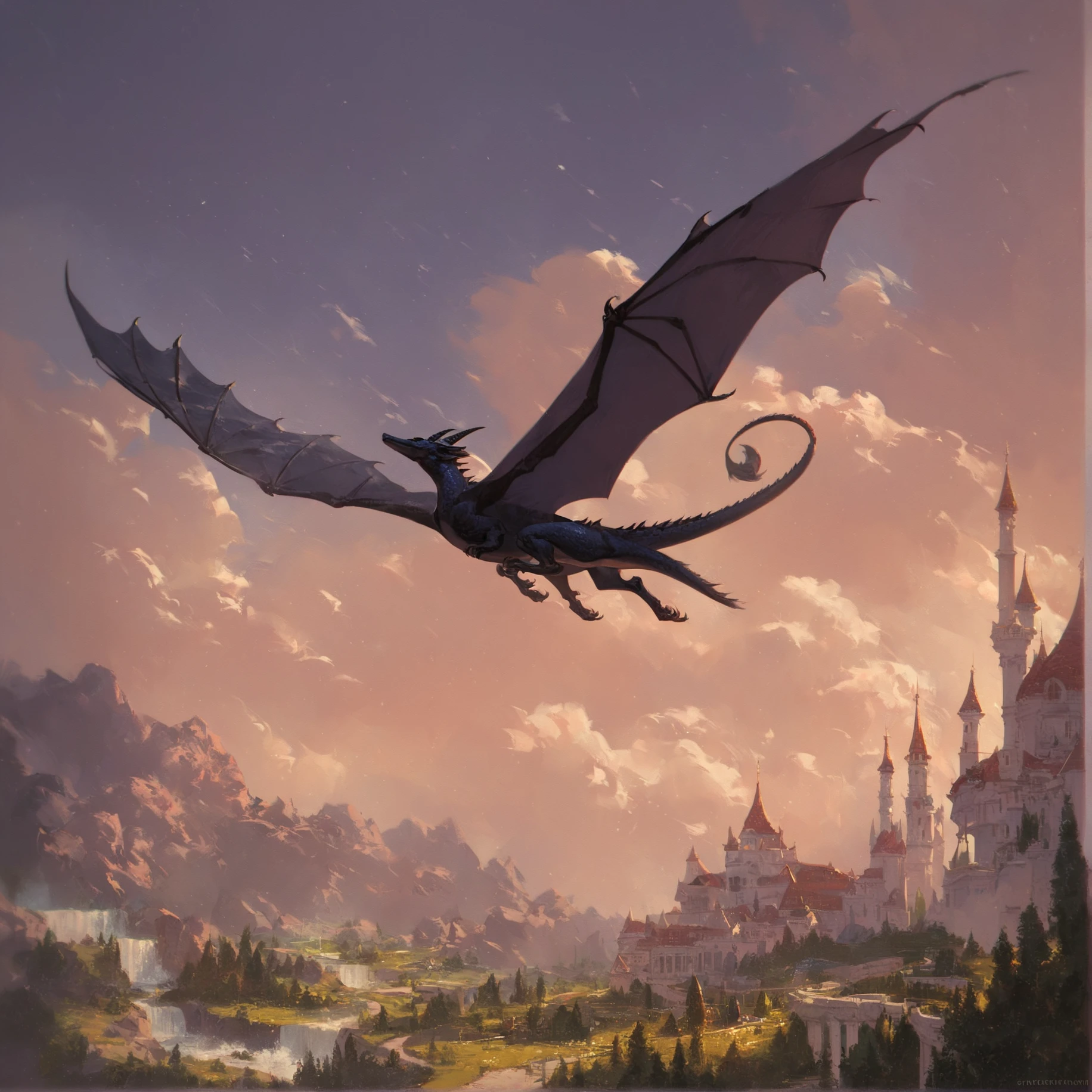 huge black dragon, flying, <lora:Ted_Nasmith_Style-Pony_XL:0.75>, BREAK score_9, score_8_up, score_7_up, best quality, masterpiece, 4k, prefect lighting, very aesthetic, anime, zPDXL2