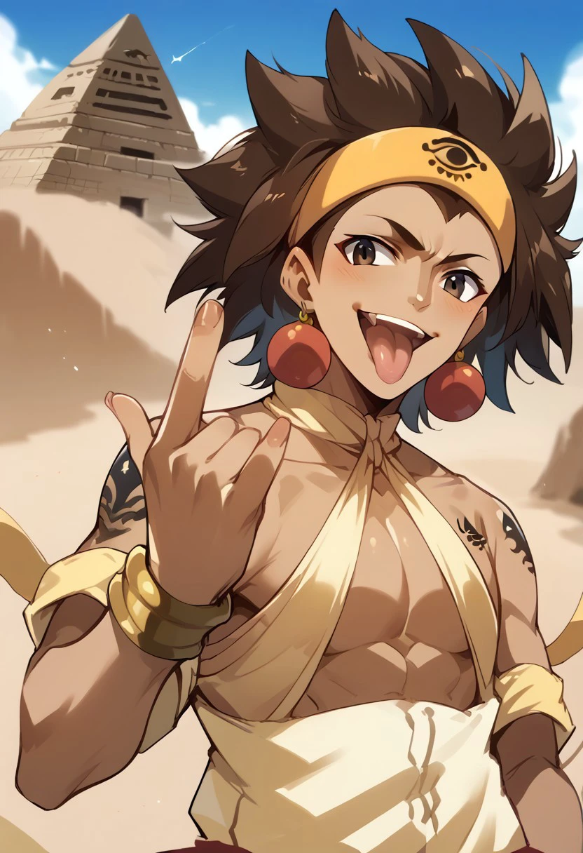 score_9, score_8_up, score_7_up, source_anime, rating_safe, \m/, r0ck0n pose, Ajetail, 1boy, yellow Ajeel headband, red Ajeel earrings, black Ajeel tattoo, male focus, long tongue, open mouth, wide smile, blush, upper body, hands with five fingers, blurry outdoors desert, pyramid, cute wallpaper,