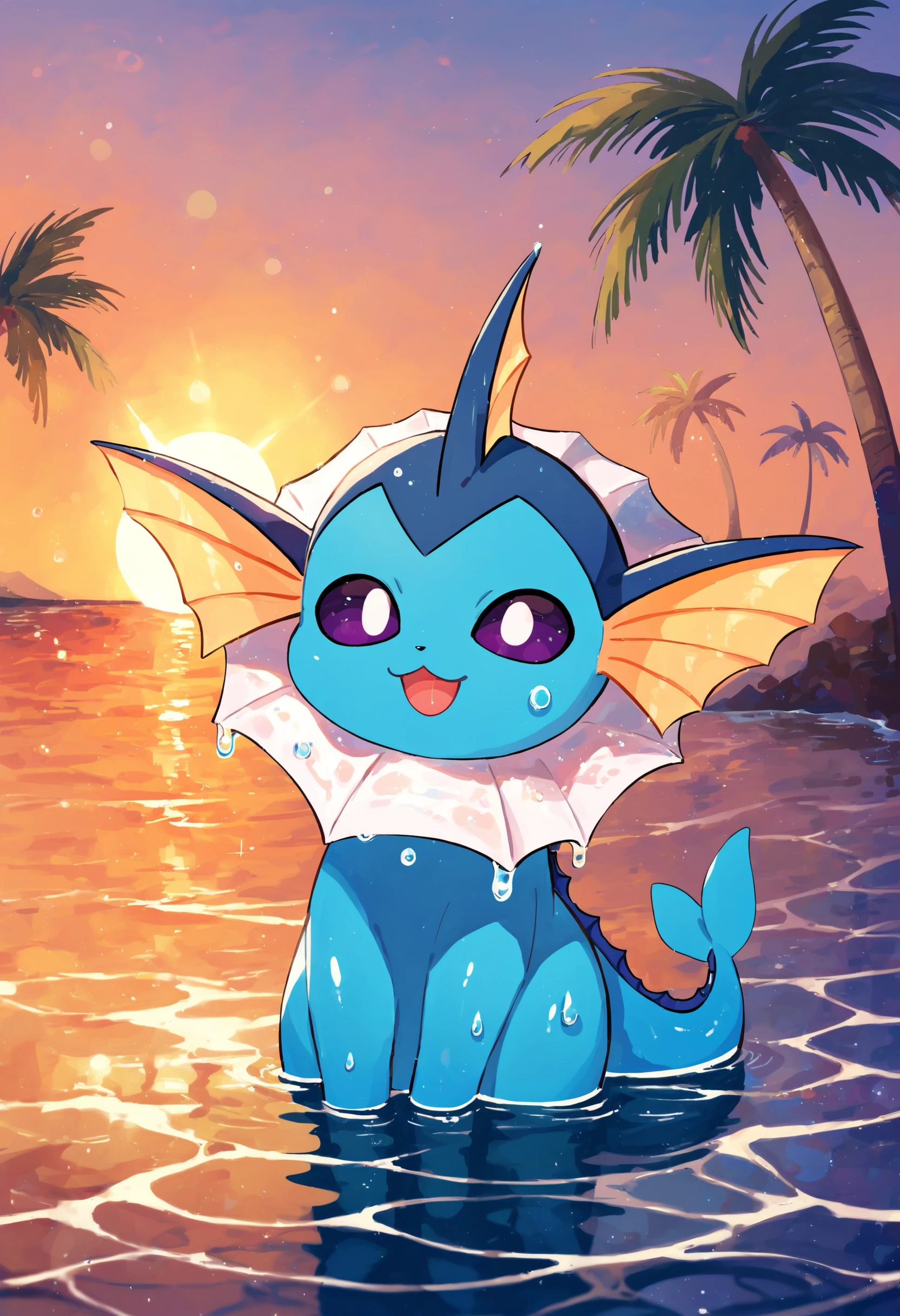 score_9, score_8_up, score_7_up, score_6_up source_anime BREAK
beach, ocean, evening, palm trees, lens flare, sunbeam
V4P0R30N, sky blue skin,  fins, quadraped, fish tail, dark purple eyes,
<lora:Vaporeon_Pokemon_Pony:0.9> chibi, solo
looking at viewer, lying, wet, bubbles, happy, open mouth, (partially submerged:1.4)