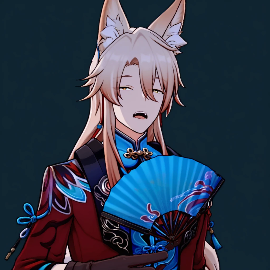 simple background, open eyes, tolk, male focus, fox ears, 1boy, gloves, hair between eyes, red jacket, fox shadow puppet, long hair, holding fan, fox tail, chinese clothes, open mouth fox shadow puppet