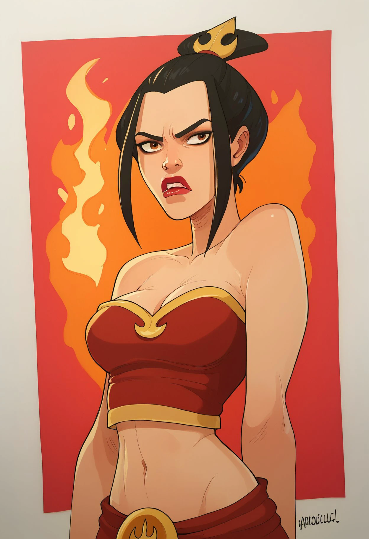 score_9, score_8_up, score_7_up, score_6_up, abarbucci-dh BREAK, cowboy shot, 1girl, cleavage, midriff, azula, solo, arrogant look, insulted, black hair, brown eyes, lipstick, makeup, ponytail, topknot, traditional media, fire background <lora:Artist_Style_-_Alessandro_Barbucci_Ekho_Sky_Doll_PDXL:1> <lora:add-detail-xl:0.5> <lora:AzulaXL:0.5>