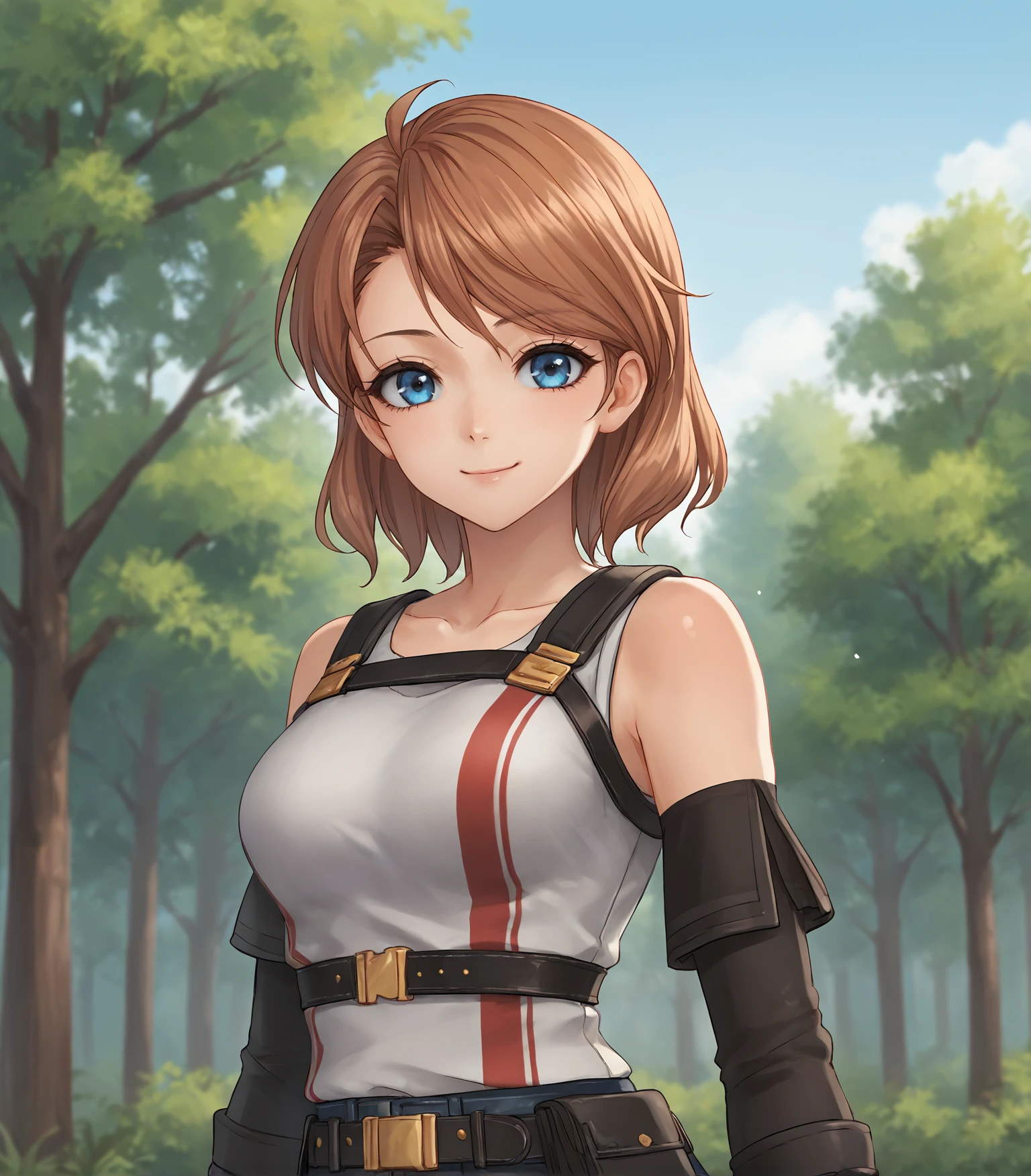 score_9, score_8_up, score_7_up, score_6_up, score_5_up, score_4_up, BREAK source_anime,
1girl, solo, upper body, portrait , looking at viewer, smile, outdoors, sky, trees,
<lora:Racoonkun_Artist_Style:0.6>, racoonsan
<lora:Regina:0.9>, Regina, brown hair, blue eyes, medium breasts, bare shoulders, white vest, vest, gloves, pants, boots, black footwear, belt, harness,