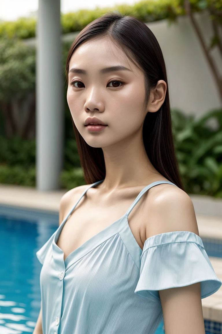 Create a realistic image of a Thai woman named Chae. She has very fair skin, full M-shaped lips, a smal narrow nose, and large blue eyes. Her eyebrows are slightly curved and perfectly complement the shape of her eyes. Chae is slim with a narrow face and long black hair. She has a rebellious and cheerful personality, and her figure is slender. Ensure she is looking directly into the camera.She is sitting in a flower meadow, being gently dazzled by the sunlight.