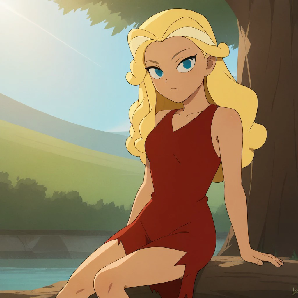 score_9, score_8_up, score_7, BREAK, solo, rad_crood, blonde hair, long hair, blue eyes, red dress, sitting, tree trunk, sunlight, natural lighting, looking at viewer,