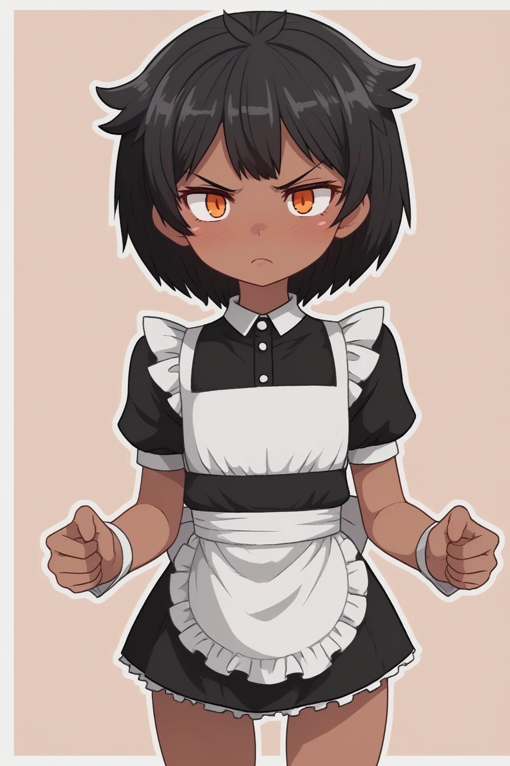 1girl, dark-skinned female, black hair, short hair, hair flaps, orange eyes, flat chest, angry, blush, (outline:1.3), cowboy shot, maid,