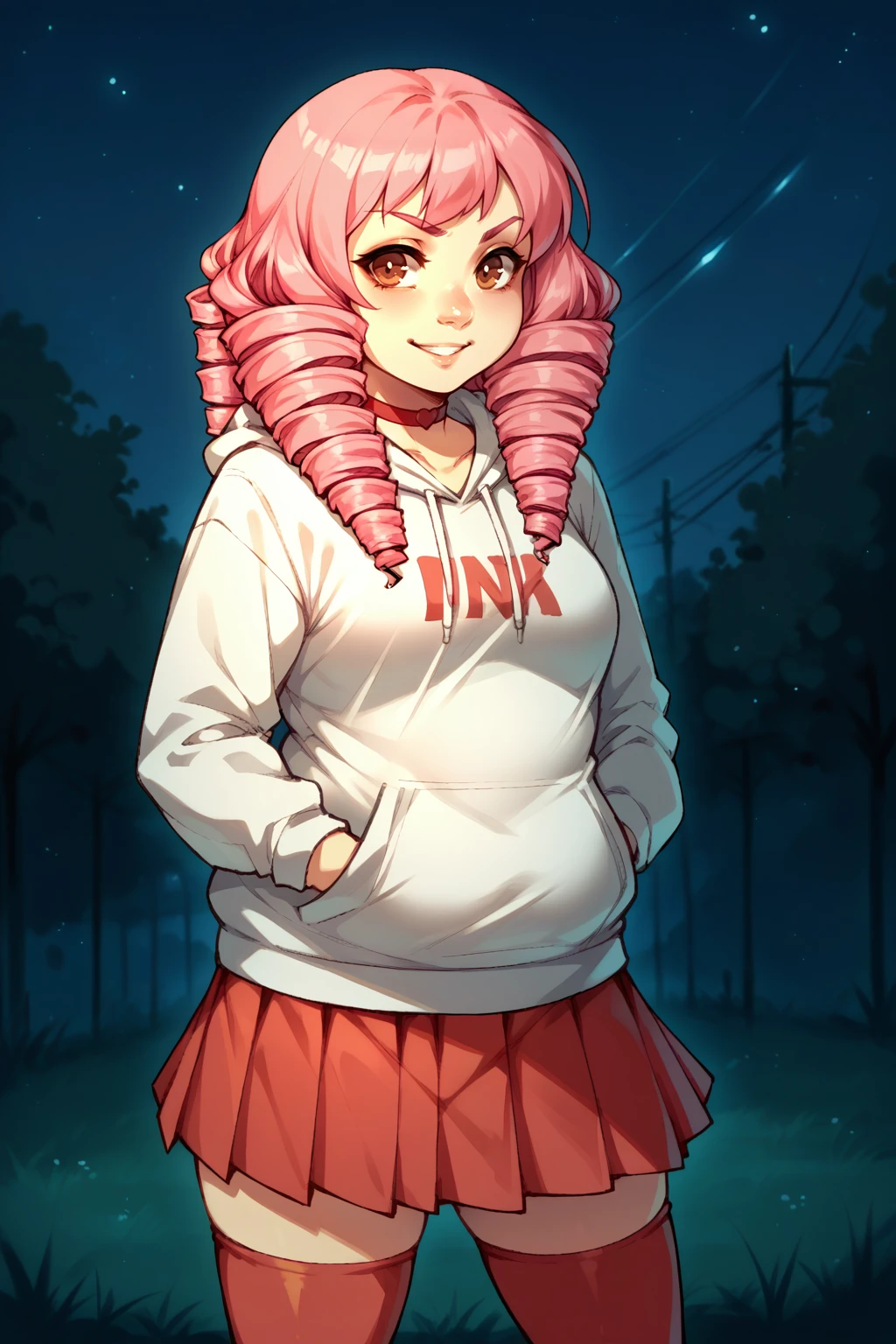 score_9, score_8_up, 1girl, solo,  <lora:NSMishaKatawa:1> NSMishaMisc, brown eyes, pink hair, long hair, drill hair, twin drills, white hoodie, hands in pockets, red skirt, pleated skirt, dark, night, slight smile, red thighhighs, red choker, chubby