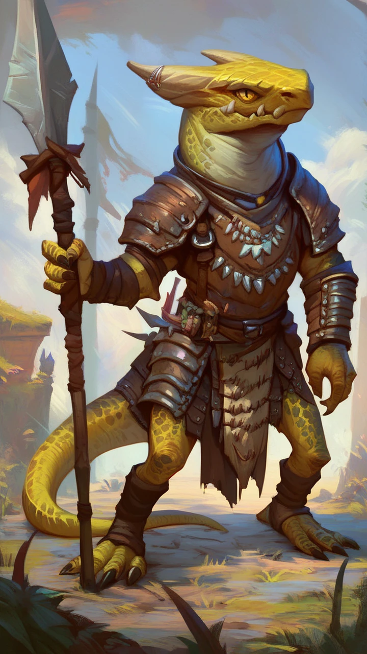 score_9,score_8_up,score_7_up,solo,pathfinder kobold,k0bold,yellow eyes,(yellow skin),standing,full body,leather armor,spear, holding spear, plains