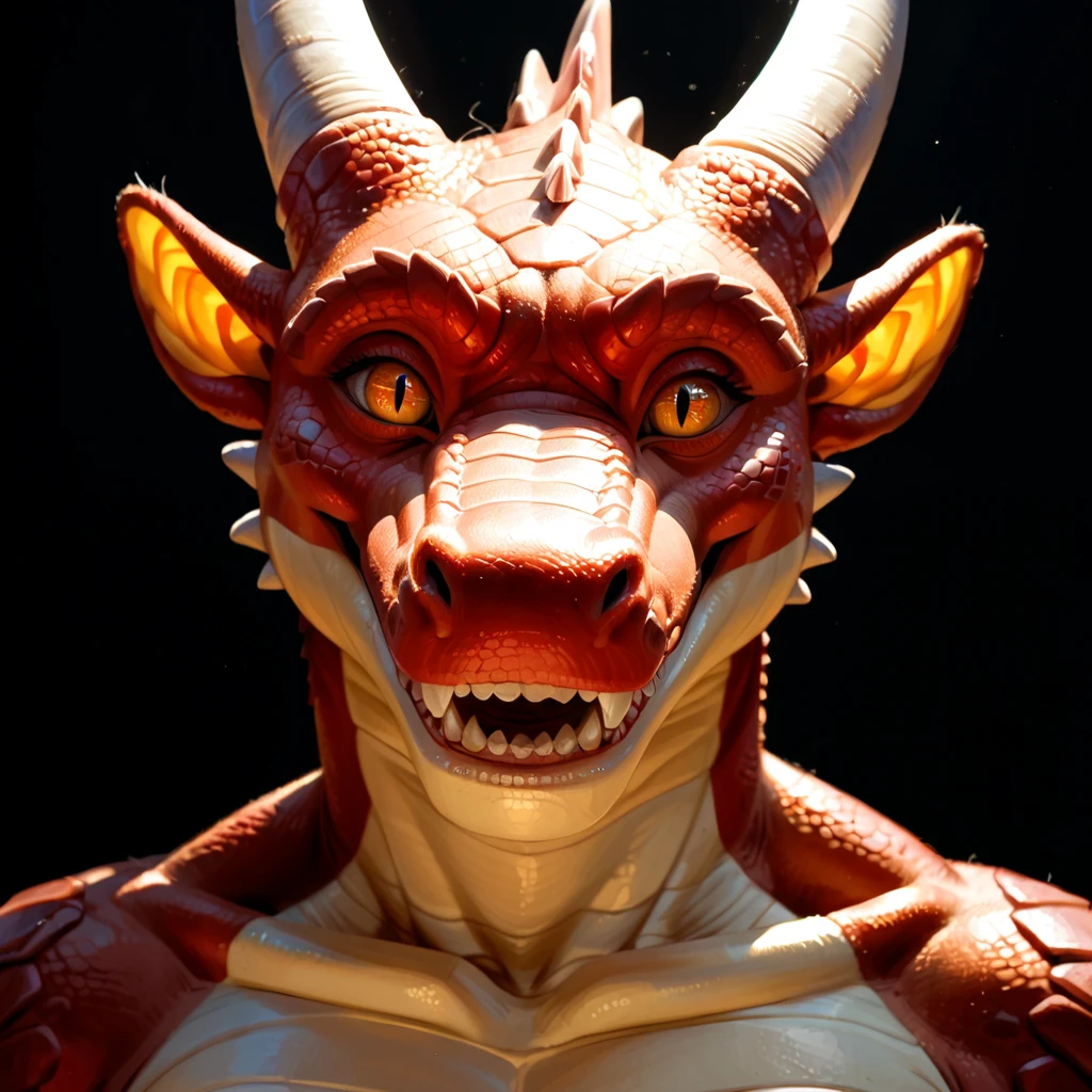 score_9, score_8_up, score_7_up, realistic, photo, raw lighting, best quality, highest detailed, ultrahigh resolution textures, black background, furry, anthro, mythological creature, mythological scalie, mythology, dragon horns, scalie, smile, teeth, solo, looking at viewer, colored skin, portrait, slit pupils