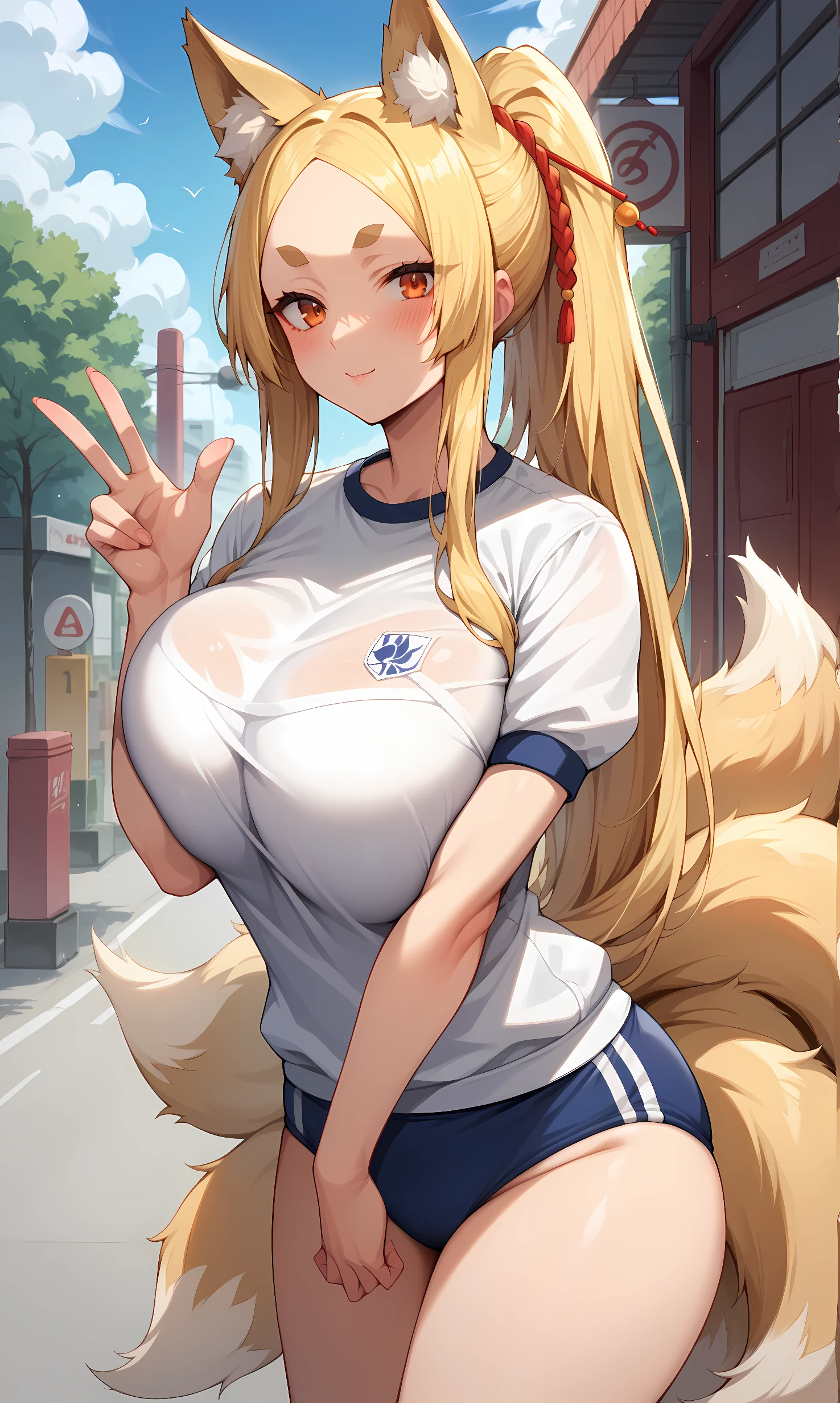 score_9, score_8_up, score_7_up, BREAK source_anime, 1girl, solo, outdoors, street, cowboy shot, looking at viewer, blush, yasaka, orange eyes, thick eyebrow, blonde hair, very long hair, parted bangs, ponytail, fox ears, fox tail, multiple tails, hair ornament, hair stick, white shirt, short sleeves, gym uniform, buruma