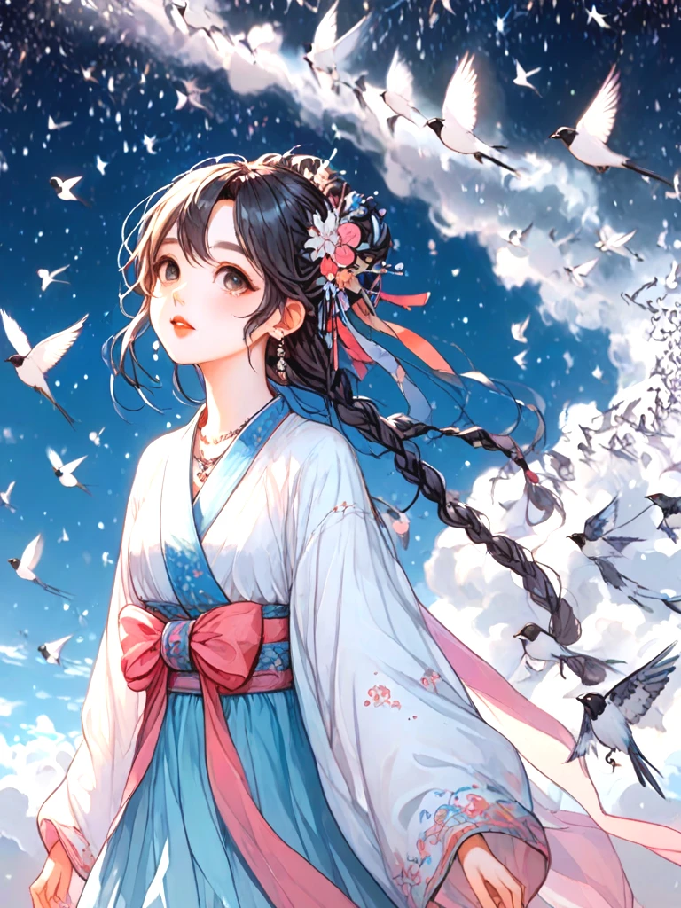 source_anime, magpie bridge, birds flock, tanabata, hanfu, weaver girl, walking, big tits, long hair, braids, hair flower, hair ornament, necklace, earrings, floating hair, fog, wind, cloud, high sky, starry sky, colorful sky, looking at viewer, <lora:girllikemagpiebridge_pony:1>