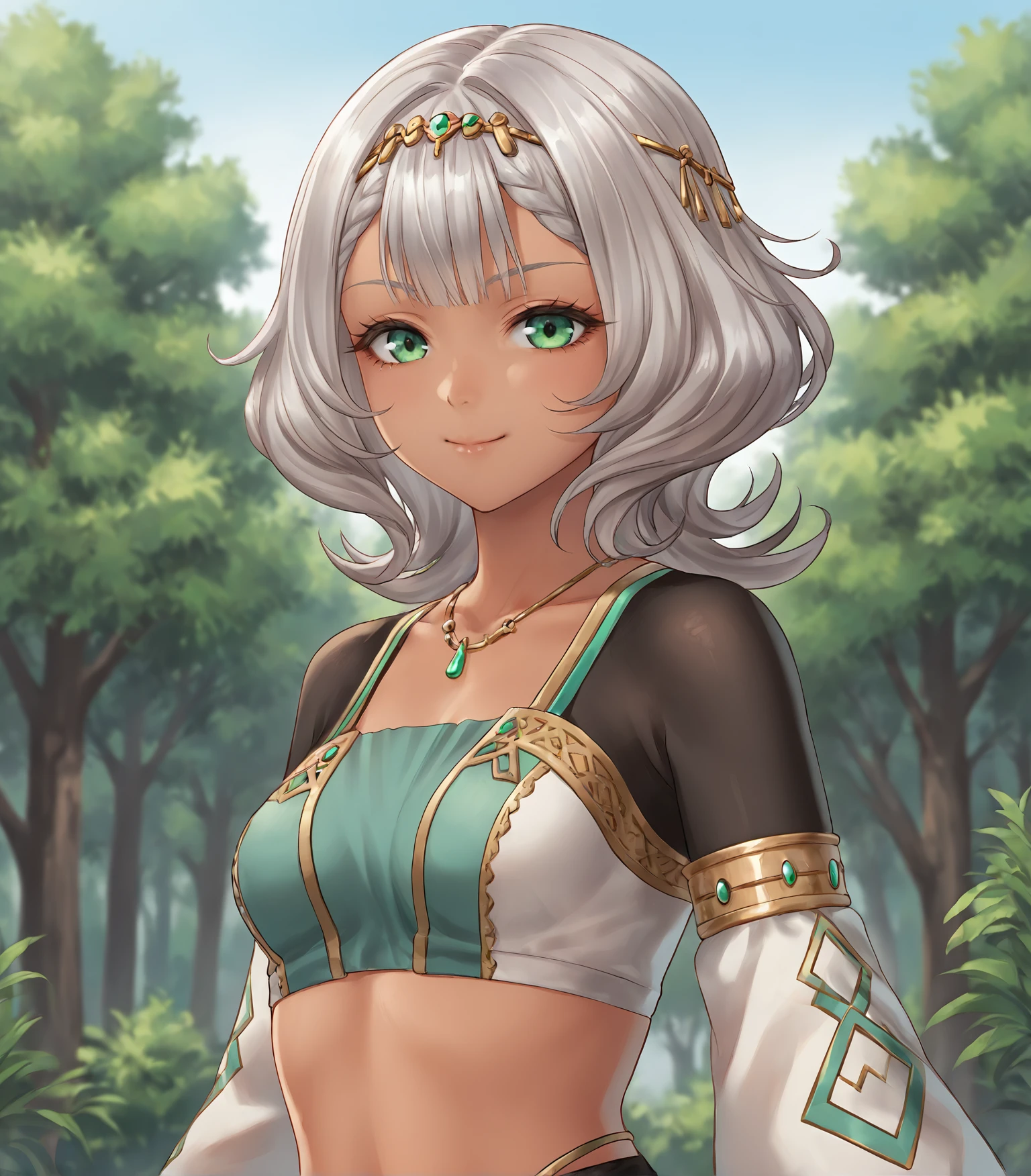 score_9, score_8_up, score_7_up, score_6_up, score_5_up, score_4_up, BREAK source_anime,
1girl, solo,  <lora:ZitaAsverl:0.9>, Zita Asverl, silver hair, green eyes, medium hair, bangs, small breasts, dark skin, dark-skinned female, jewelry, white top, midriff, black sleeves, long skirt, high heels,,
upper body, portrait,
looking at viewer, smile, outdoors, sky, trees,
<lora:Racoonkun_Artist_Style:0.6>, racoonsan,,