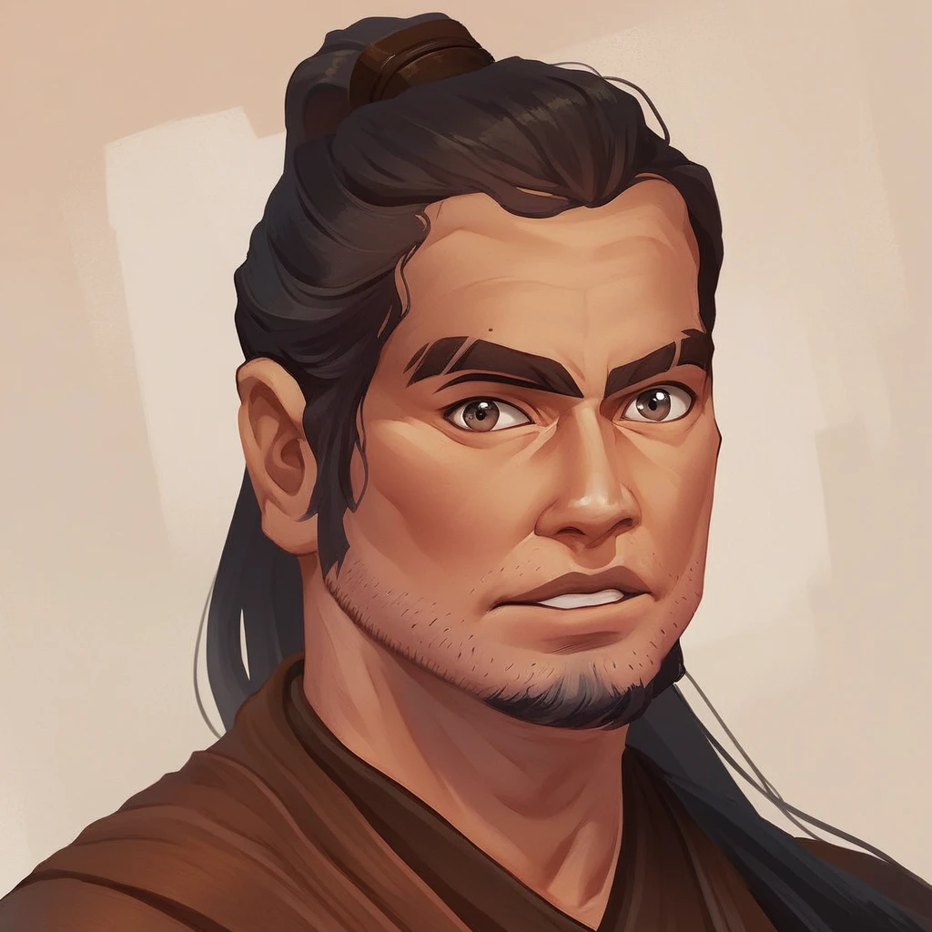 score_9, score_8_up, score_7_up, Syfo-Dias, Star Wars, Jedi,  solo, long hair, looking at viewer, brown hair, black hair, 1boy, male focus, ponytail, facial hair, portrait, beard, stubble, general