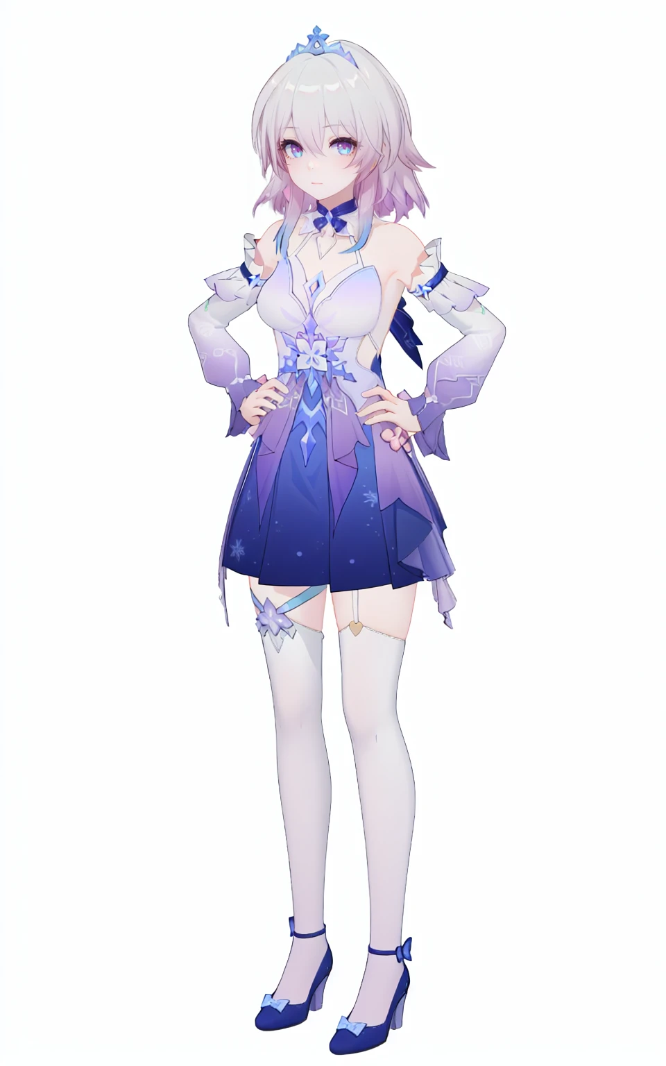 8k, best quality, masterpiece, (ultra-detailed), (high detailed skin), (white background:1.3),
(full body:1.25), (white background), standing, looking at viewer, (solo:1.2), hands on hips,
<lora:March7-v100-000018:0.8>, sanyueqi, 2nd clothes, blue princess short dress, 1girl, blue eyes, bangs, bare shoulders, dress, white thighhighs,
(beautiful_face), ((intricate_detail)), clear face,
((finely_detailed)), fine_fabric_emphasis,
((glossy)), full_shot,