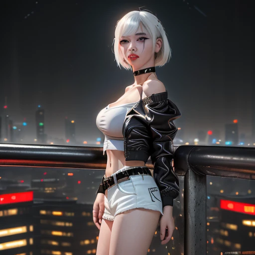 masterpiece, (photorealistic:1.4), best quality, beautiful lighting, (ulzzang-6500:0.5), lucy \(cyberpunk\), 1girlw, white hair, against railing, arm rest, bangs, bare shoulders, belt, black belt, black leotard, black mini skirt, slip strip, blurry, bob cut, breasts, building, cityscape, clothing cutout, (cropped jacket), cyberpunk, depth of field, from side, gradient eyes, grey eyes, grey hair, white jacket, leotard, lips, long sleeves, looking afar, looking ahead, (mechanical parts), medium breasts, multicolored eyes, multicolored hair, night, night sky, off shoulder, open clothes, open jacket, outdoors, pants, parted lips, railing, red eyeliner, science fiction, short hair with long locks, short shorts, shorts, sidelocks, sky, solo, standing, teeth, thigh cutout, upper teeth only, white jacket, white shorts, cyberpunk \(series\), cyberpunk edgerunners, RAW photo, 8k uhd, film grain, cosplay, white wig, night, neon lights,,,, <lora:lucy_offset:1.21>