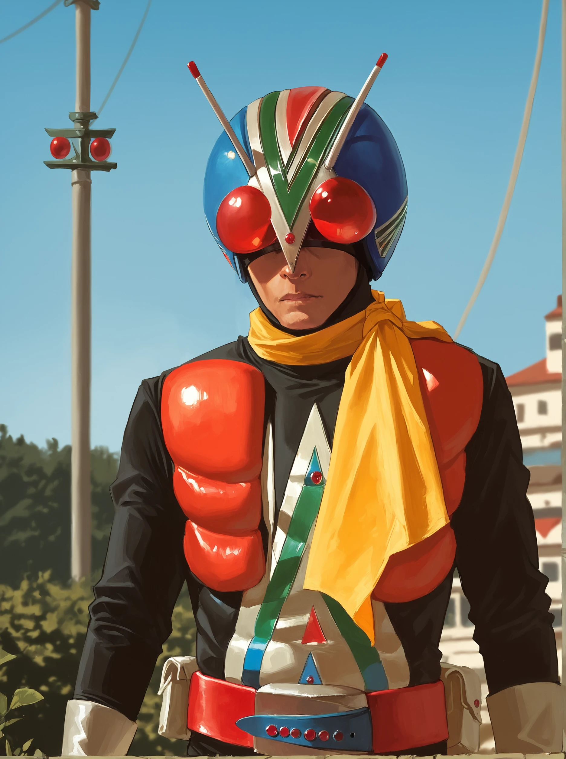 score_9, score_8_up, score_7_up, masterpiece, source_realistic, kamen rider, riderman, 1boy, male focus, antennae, solo, scarf, belt, helmet,  outdoor, <lora:sn0wStyle:1> <lora:HKHorrorXL:1>, <lora:Riderman_1973:1>