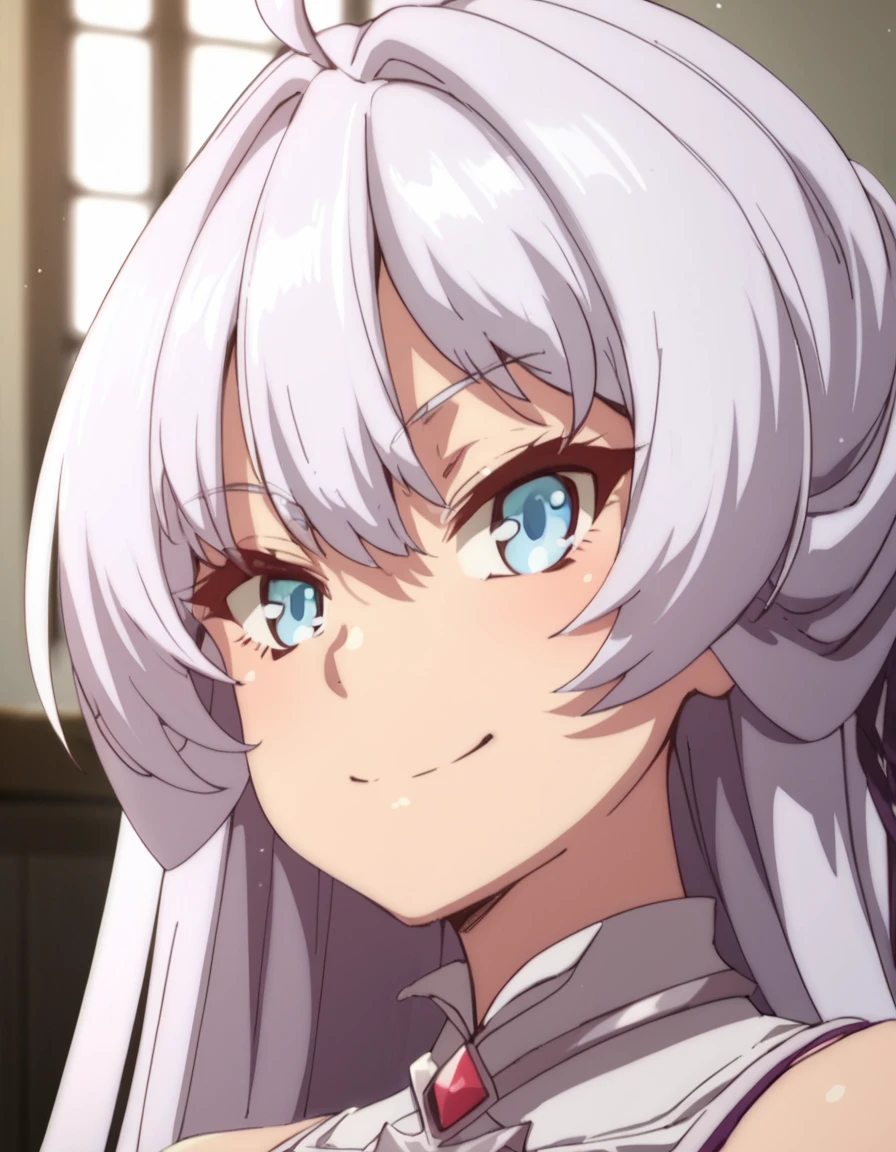 score_9, score_8_up, score_7_up, score_6_up, score_5_up, score_4_up, source_anime,  Kureha, very long hair, ahoge, grey hair, blue eyes, , soft smile, portrait