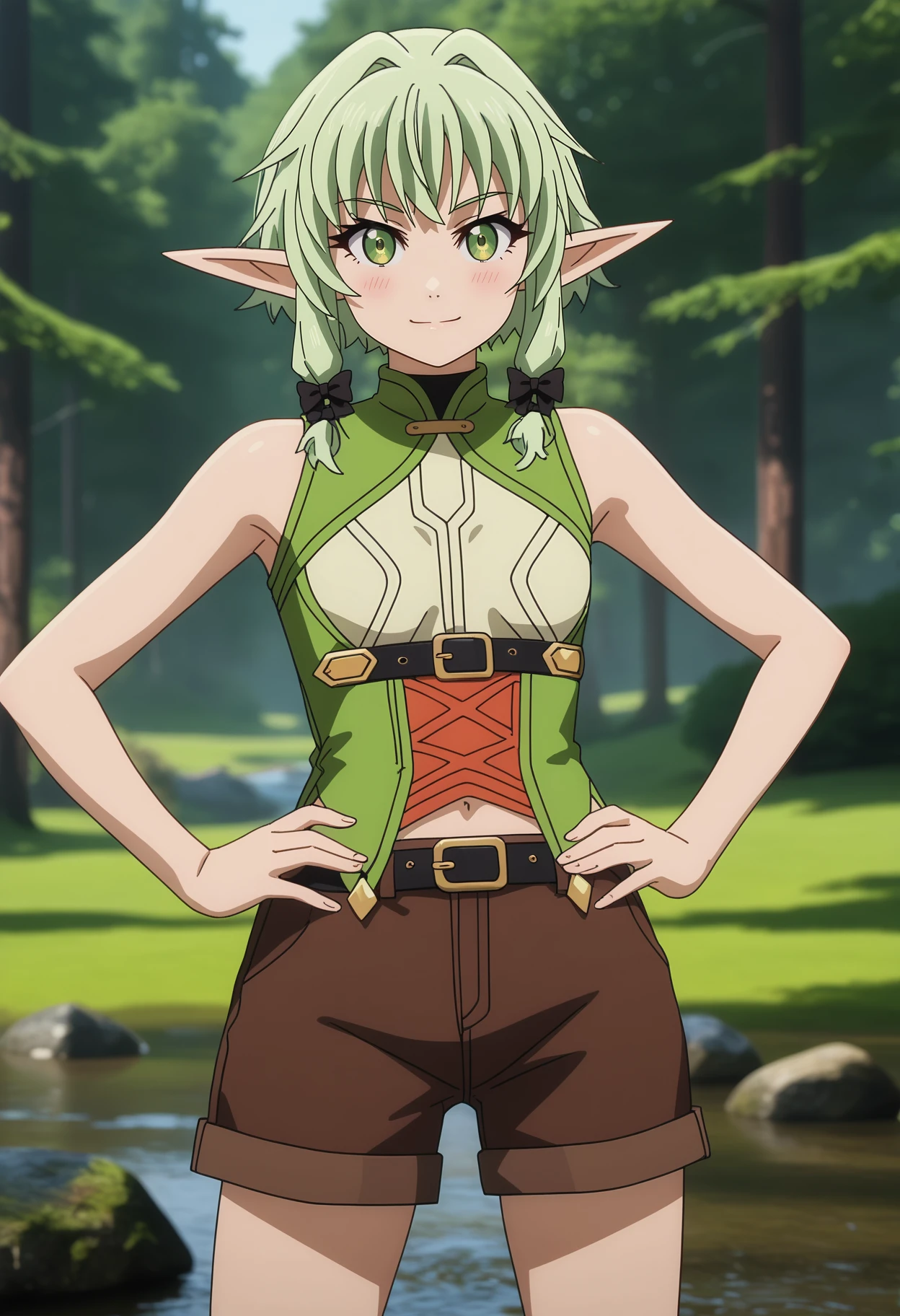 score_7_up, anime screencap,
<lora:GoblinSlayer_HighElfArcherXL:0.9>, HighElfGS,
1girl, solo, closed mouth, smile,
short hair, green hair, green eyes, pointy ears, hair bow, black bow,
multicolored dress, sleeveless dress, cross-laced dress, black belt, underbust, brown shorts,
standing, looking at viewer, (cowboy shot:1.2), hands on own hips,
blurry background, photo background, forest, fog, smoke