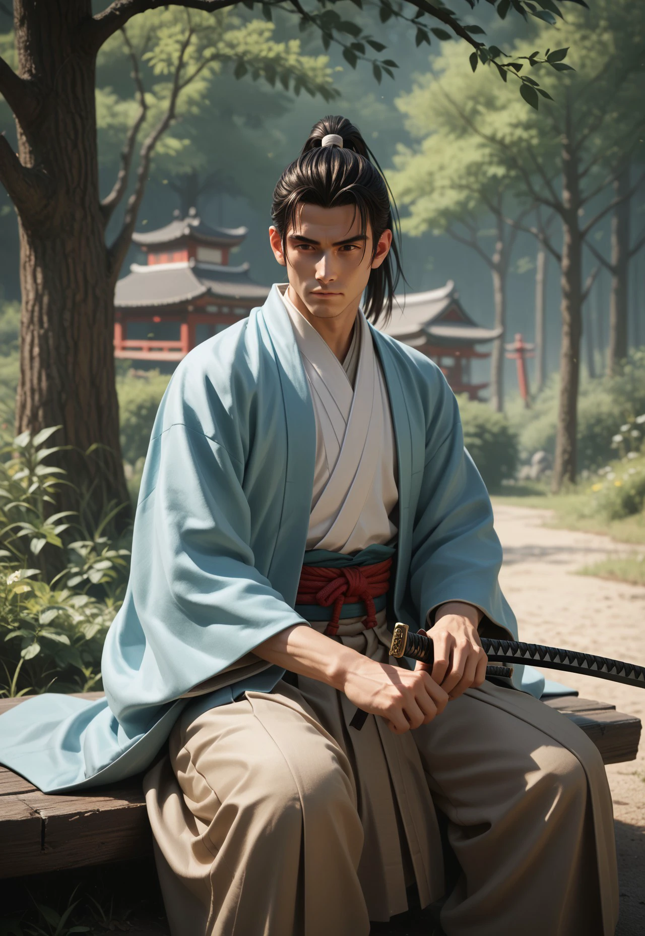 Shinsengumi Haori, 1boy, black hair, brown eyes, hakama skirt, katana, kimono, male focus, outdoors, ponytail, samurai, sheath, sheathed, sitting, solo, sword, tree, weapon, score_9, score_8_up, score_7_up, score_6_up, score_5_up, score_4_up,