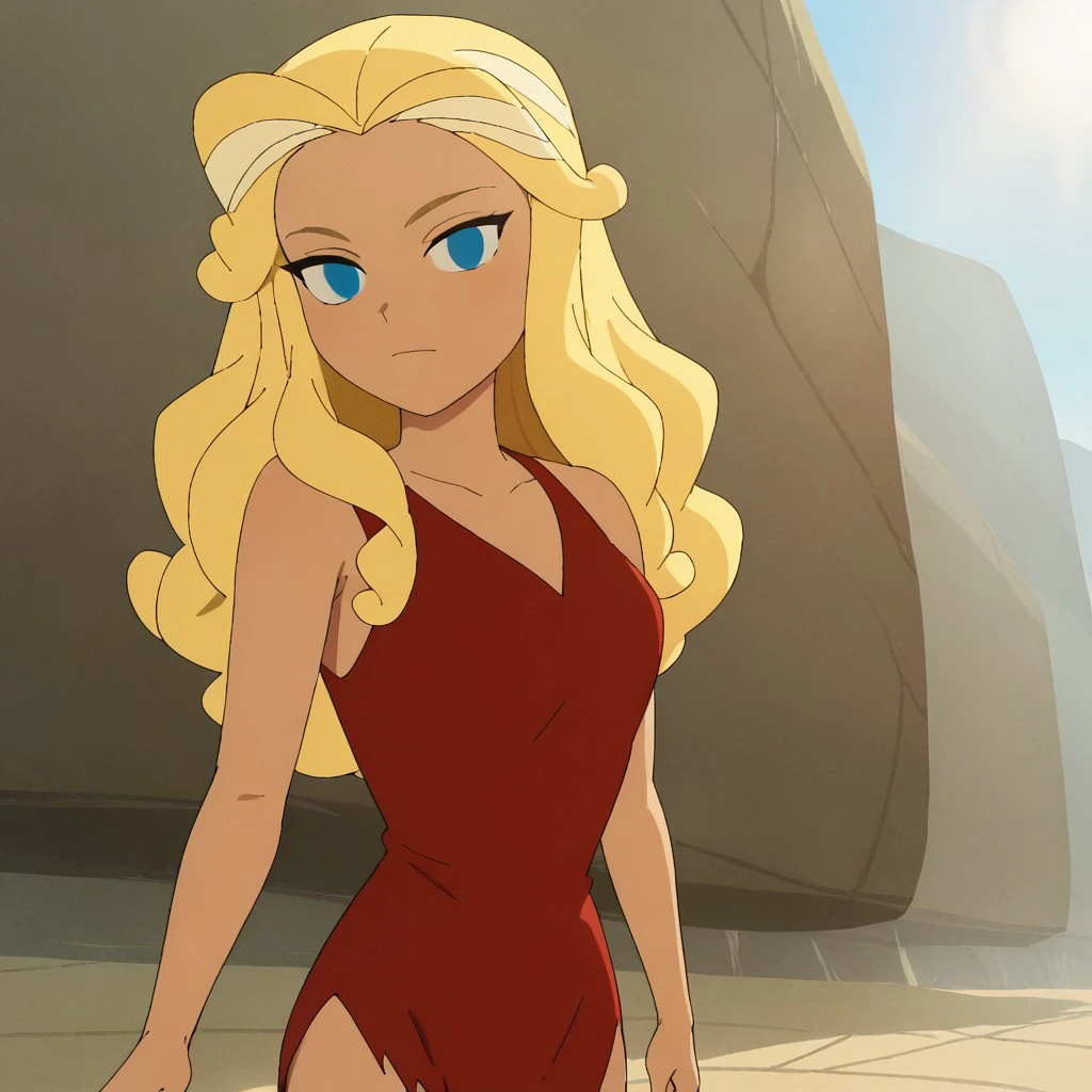 score_9, score_8_up, score_7, BREAK, solo, rad_crood, blonde hair, long hair, blue eyes, red dress, sunlight, natural lighting, looking at viewer,