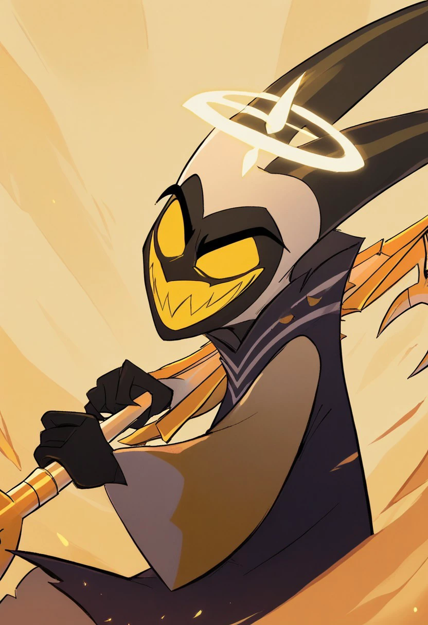 Adam, masked Adam, golden halo, yellow eyes, horned mask, horns, black robe, weapon, guitar axe, grin, battle, 1boy, solo, score_9, score_8_up, score_7_up, no humans