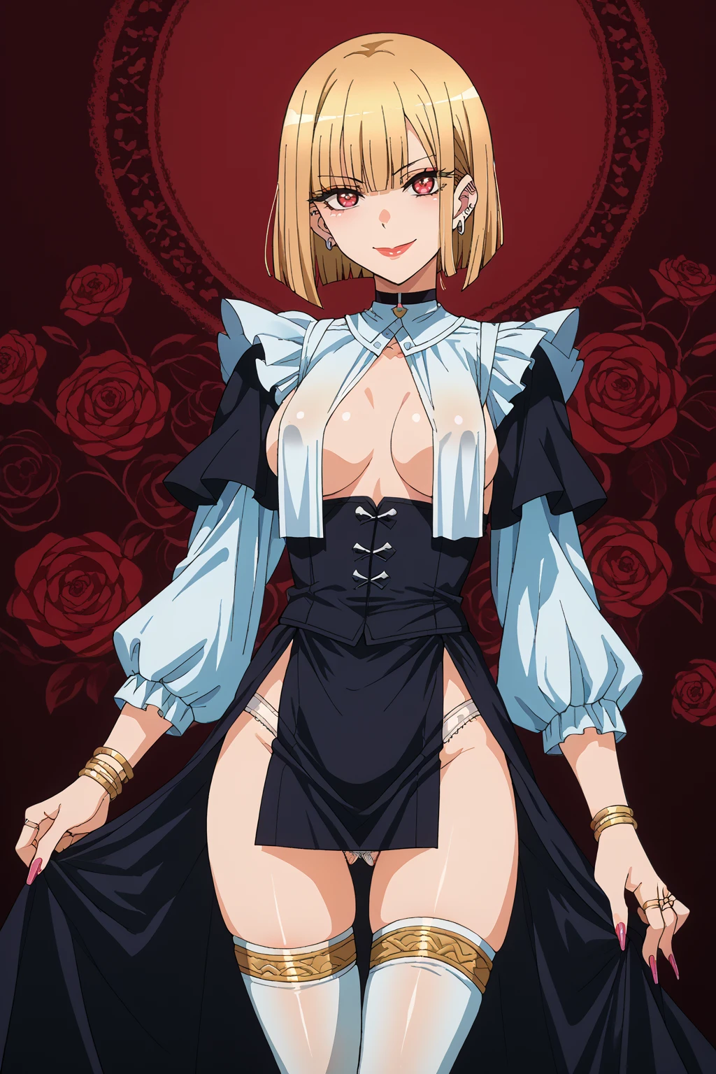 score_9, score_8_up, score_7_up, score_6_up, score_5_up, score_4_up, BREAK ,cowboy shot,smile,puffy lips,lipstick,source_anime,sexy pose,rating_explicit,panties,digital painting,looking at viewer,1girl,solo,pubic hair
<lora:SonoBisqueDoll_KitagawaMarinXL:1> kitagawamarin, magenta eyes, blonde gradient hair, ear piercing, earrings,skirt
slender legs,thigh gap,hime cut,dark hair,red eyes,smirk,lipstick,hair between eyes,bob cut,jewelry,choker,painted nails,breast curtain,thigh gap,stockings,magic